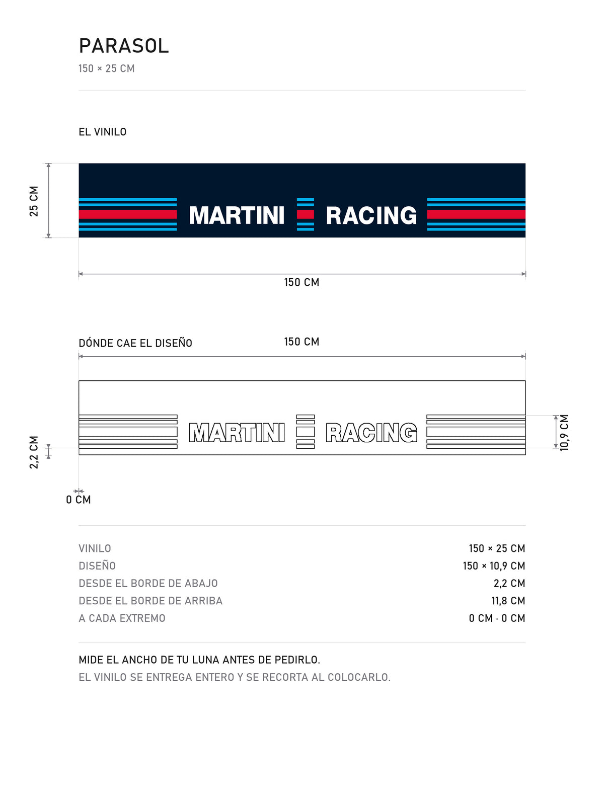 Lamina de medidas del parasol Martini Racing azul marino con el lettering en blanco y las franjas laterales: el vinilo de 150 x 25 cm, donde cae el diseno dentro de la tira y la tabla de medidas, de MOA-Grafics.