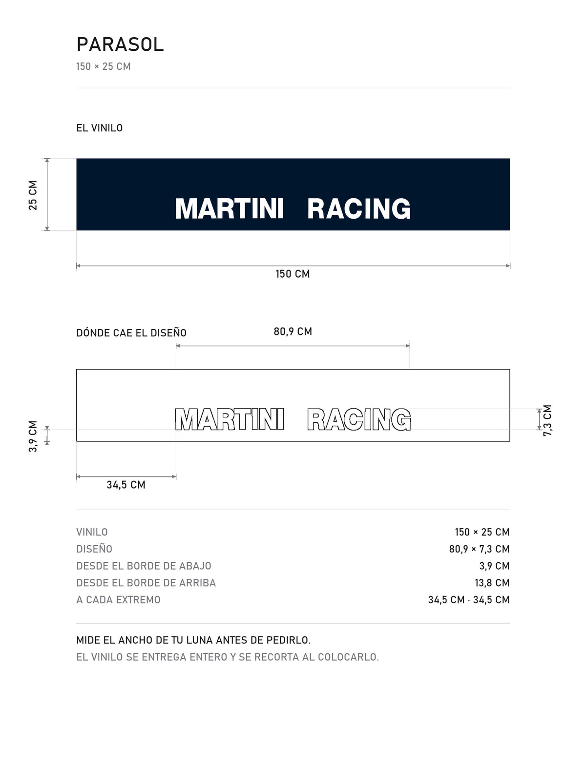 Lamina de medidas del parasol Martini Racing · Tipografía Racing: el vinilo de 150 x 25 cm, donde cae el diseño dentro de la tira y la tabla de medidas, de MOA-Grafics.