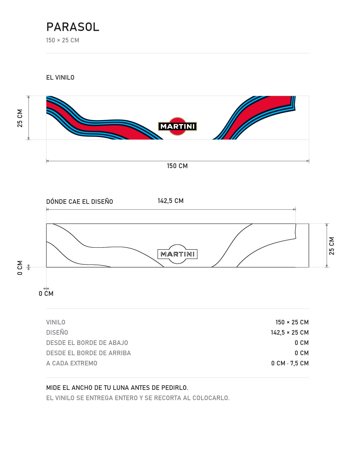 Lamina de medidas del parasol Martini Racing · Livery Clásica Blanca: el vinilo de 150 x 25 cm, donde cae el diseño dentro de la tira y la tabla de medidas, de MOA-Grafics.