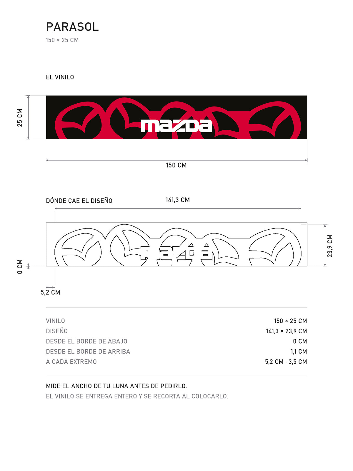 Lamina de medidas del parasol Mazda negro con el patron de emblemas en rojo y el lettering MAZDA en blanco: el vinilo de 150 x 25 cm, donde cae el diseño dentro de la tira y la tabla de medidas, de MOA-Grafics.