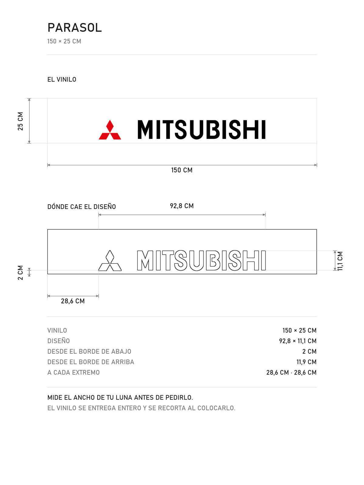 Lamina de medidas del parasol Mitsubishi blanco con el lettering MITSUBISHI en negro y un diamante rojo a la izquierda: el vinilo de 150 x 25 cm, donde cae el diseño dentro de la tira y la tabla de medidas, de MOA-Grafics.