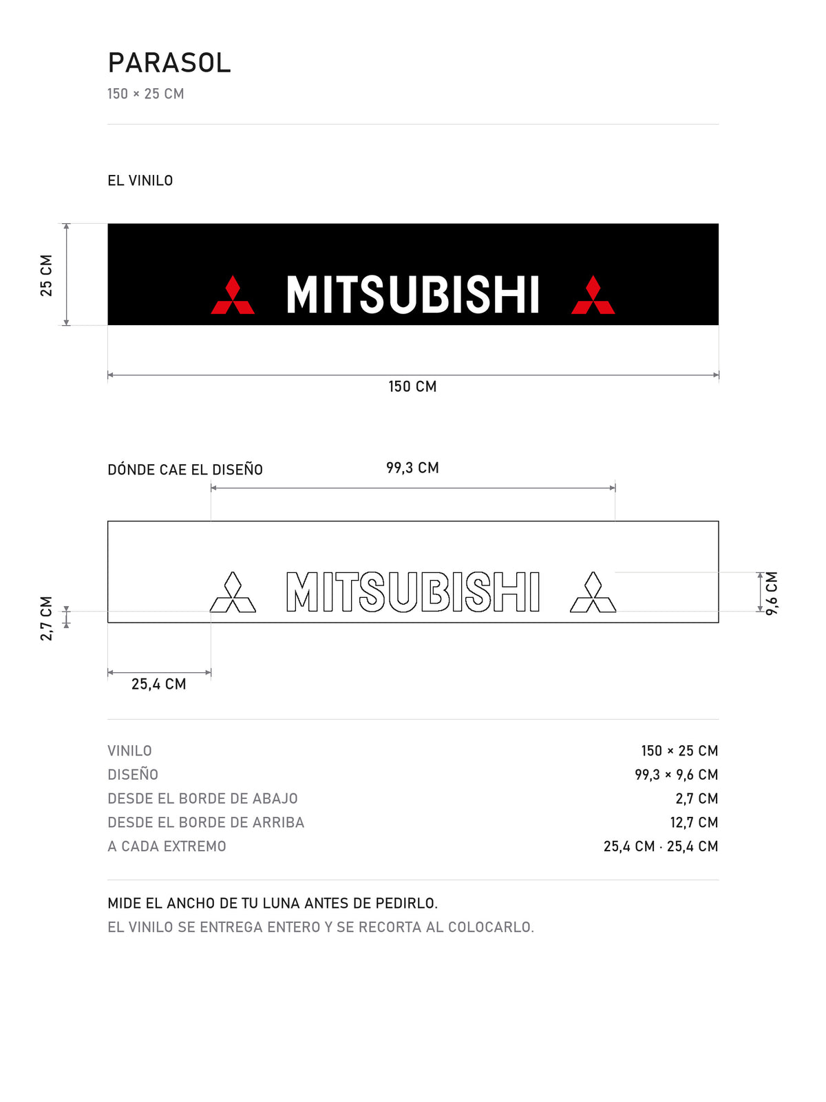 Lamina de medidas del parasol Mitsubishi negro con el lettering MITSUBISHI en blanco y un diamante rojo a cada lado: el vinilo de 150 x 25 cm, donde cae el diseño dentro de la tira y la tabla de medidas, de MOA-Grafics.