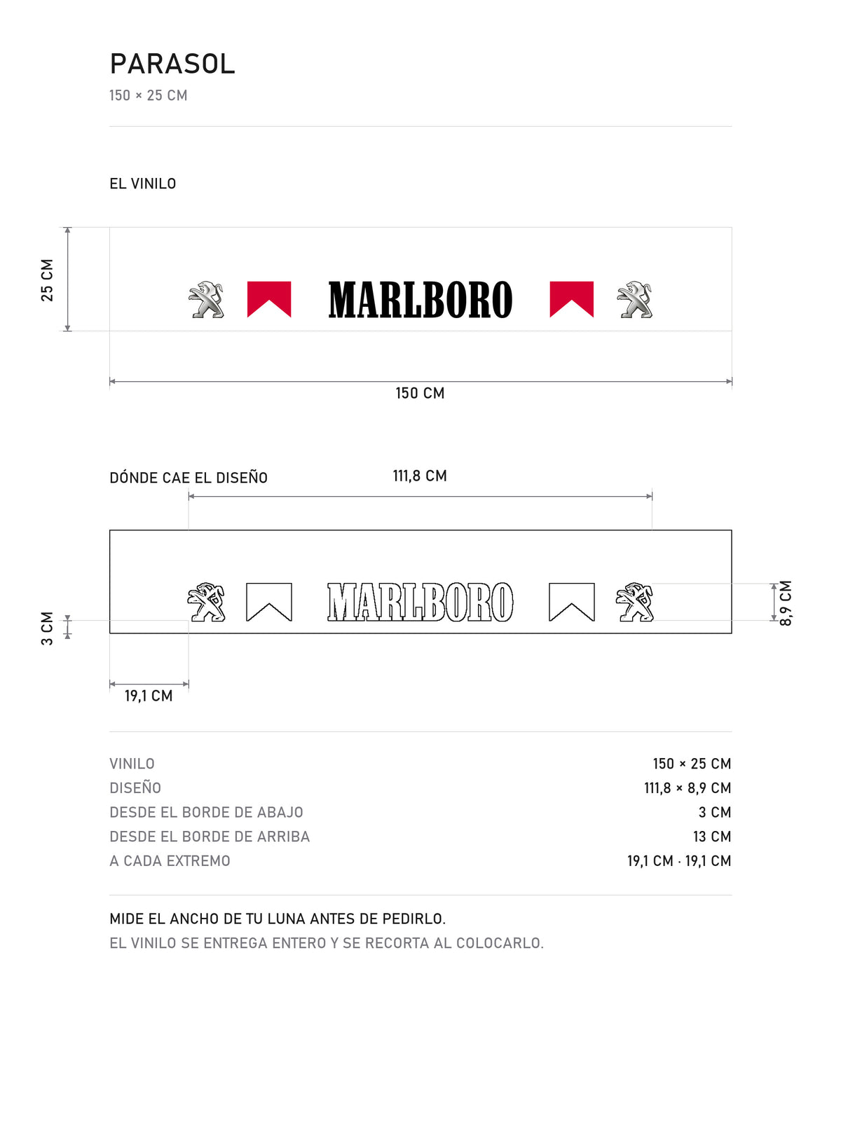 Lamina de medidas del parasol Peugeot · Marlboro Racing Spirit: el vinilo de 150 x 25 cm, donde cae el diseño dentro de la tira y la tabla de medidas, de MOA-Grafics.