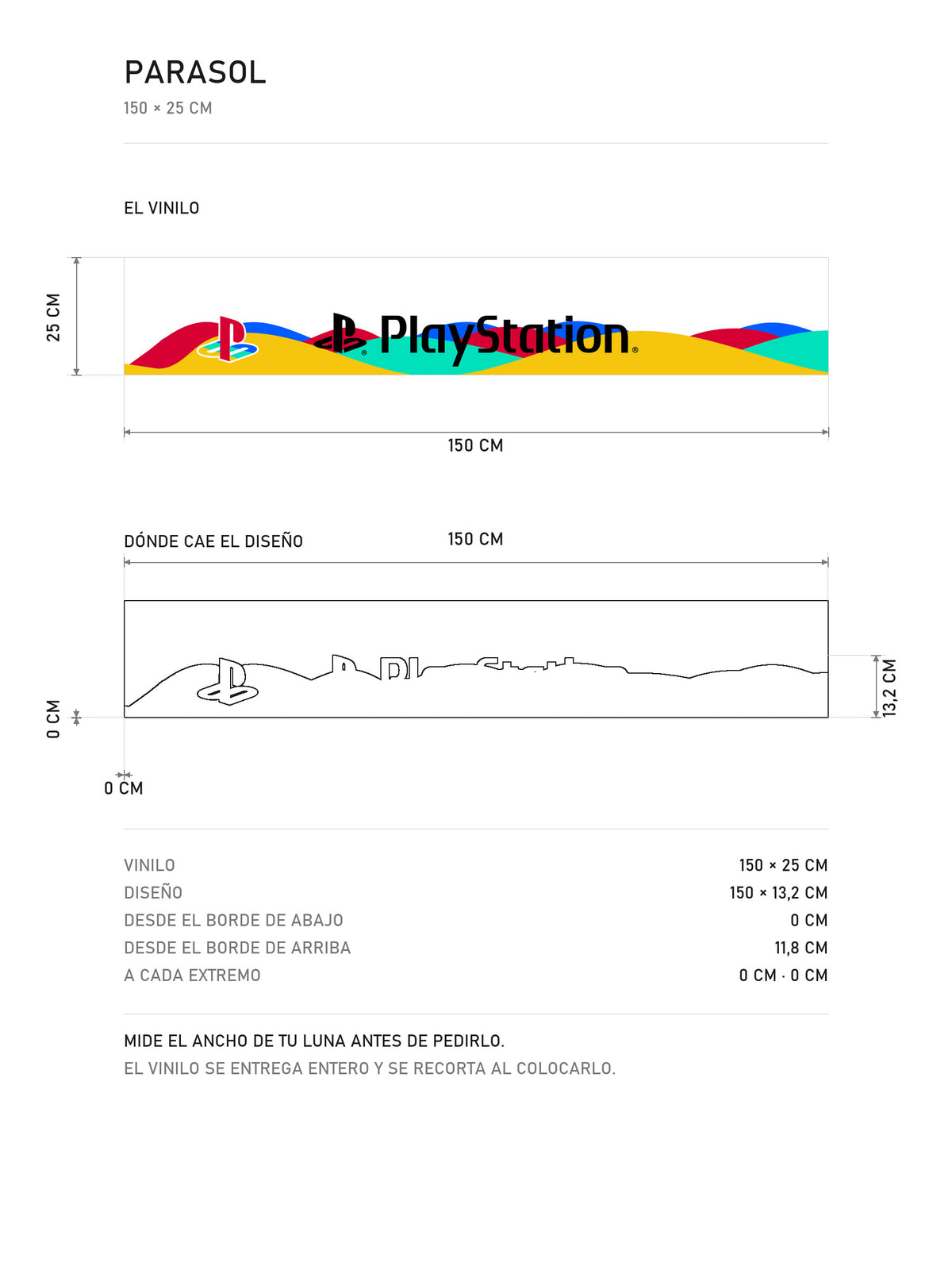 Lamina de medidas del parasol PlayStation Retro · Era 32-Bit: el vinilo de 150 x 25 cm, donde cae el diseño dentro de la tira y la tabla de medidas, de MOA-Grafics.