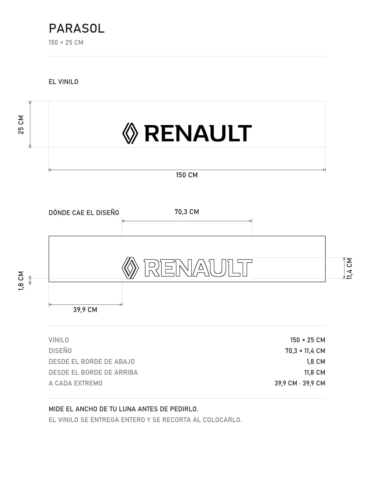 Lamina de medidas del parasol Renault · Logo Rombo 2021: el vinilo de 150 x 25 cm, donde cae el diseño dentro de la tira y la tabla de medidas, de MOA-Grafics.