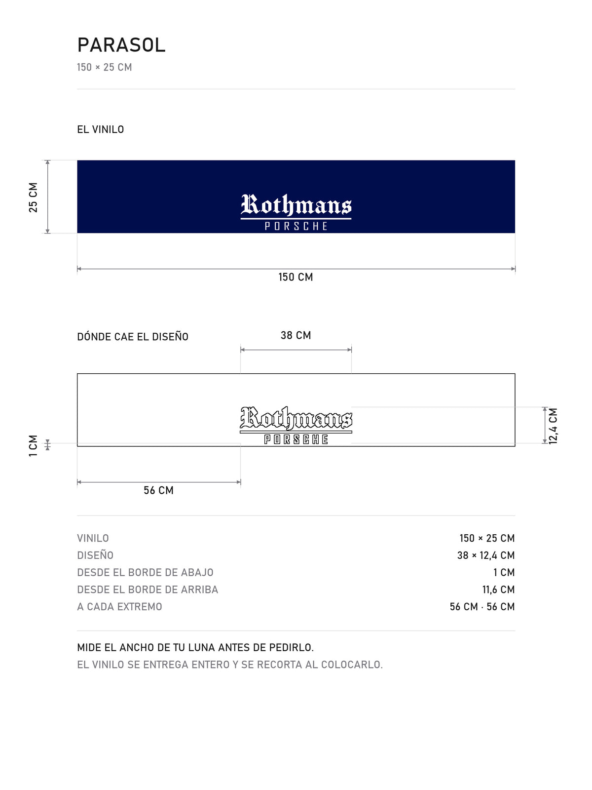 Lamina de medidas del parasol Rothmans Porsche · Livery Rally 1981-1988: el vinilo de 150 x 25 cm, donde cae el diseño dentro de la tira y la tabla de medidas, de MOA-Grafics.