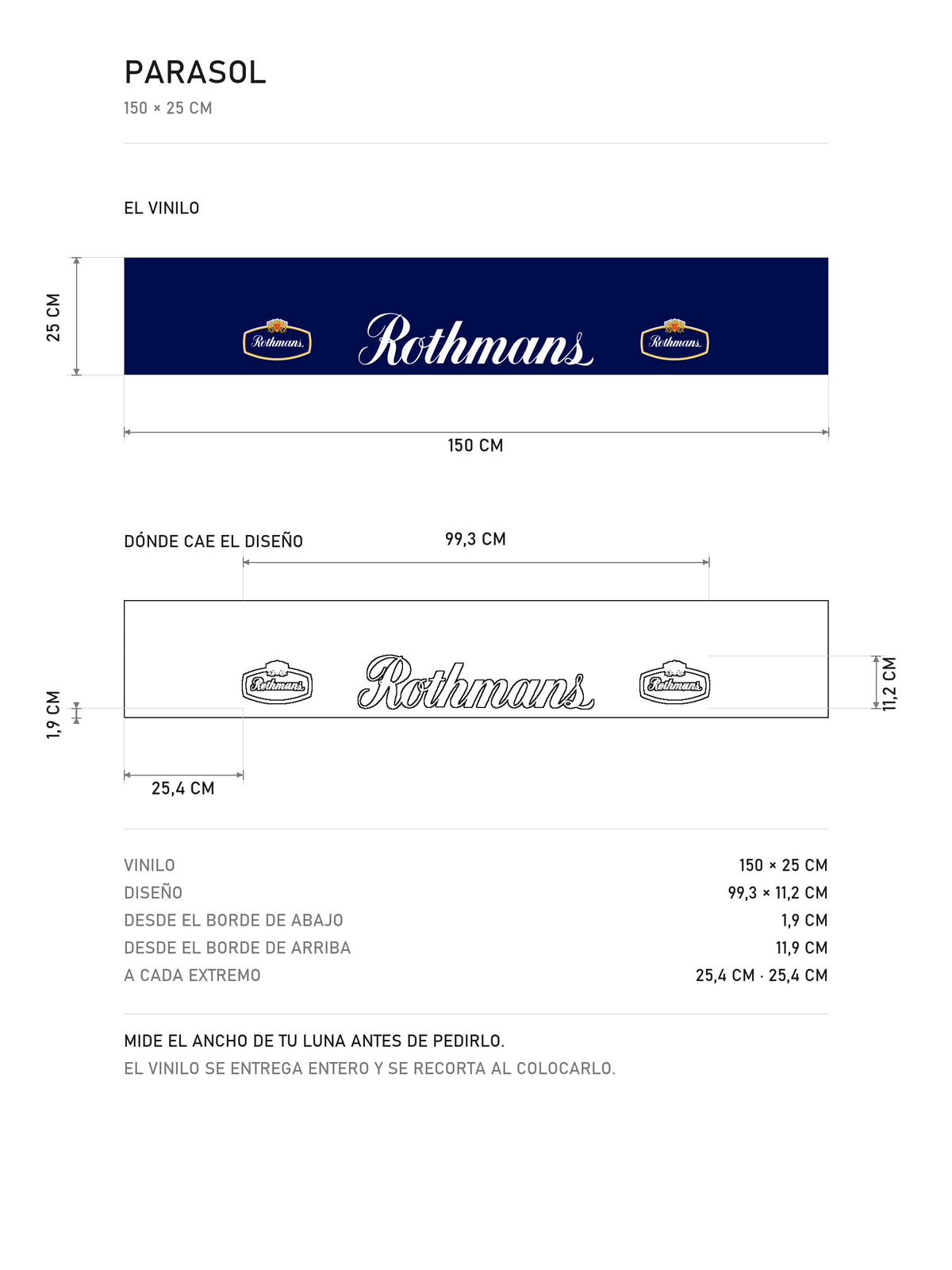 Lamina de medidas del parasol Rothmans · Estilo Clásico Motorsport: el vinilo de 150 x 25 cm, donde cae el diseño dentro de la tira y la tabla de medidas, de MOA-Grafics.