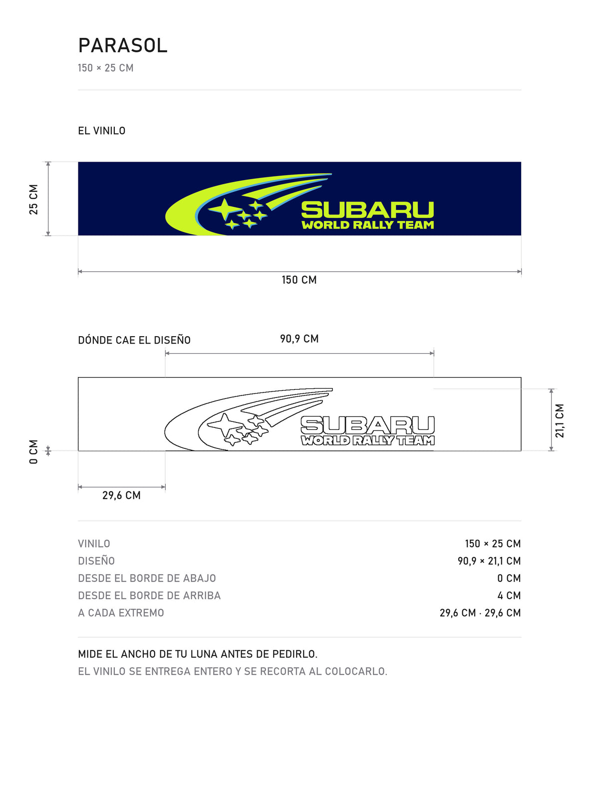 Lamina de medidas del parasol Subaru azul con la cometa de las Pleyades grande a la izquierda y el rotulo Subaru World Rally Team a la derecha: el vinilo de 150 x 25 cm, donde cae el diseño dentro de la tira y la tabla de medidas, de MOA-Grafics.