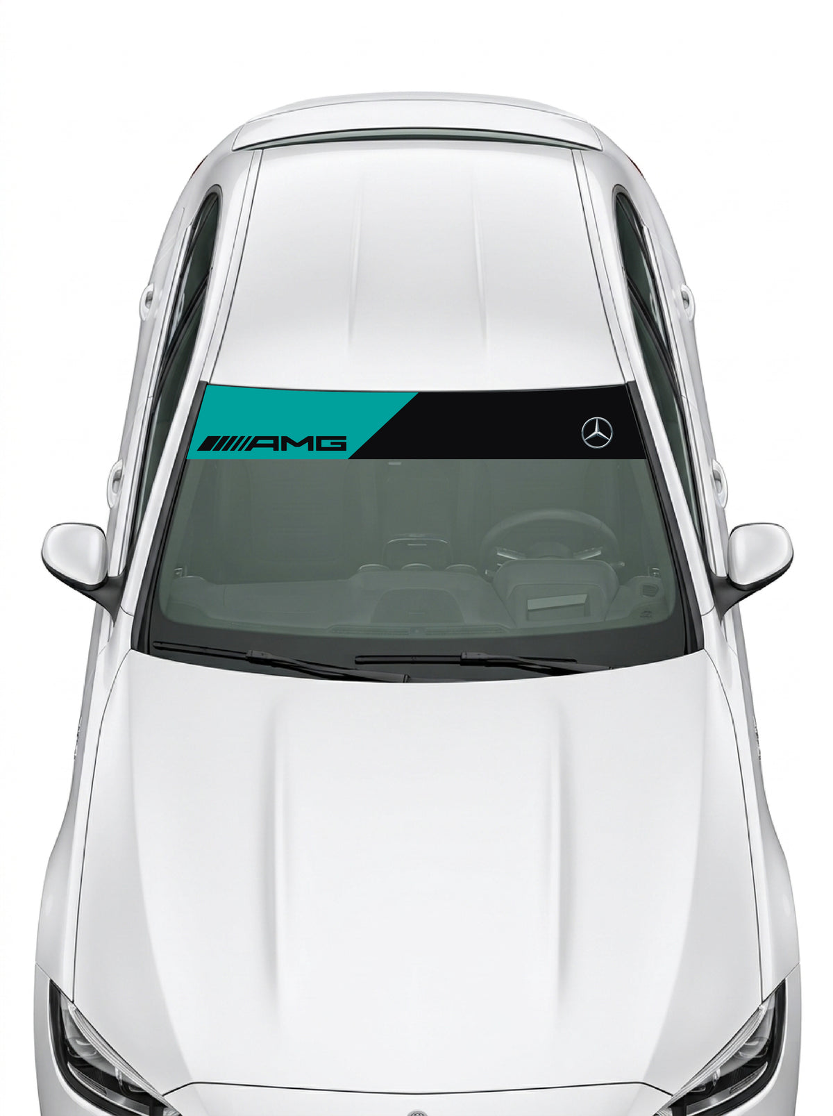Coche con el parasol de vinilo Mercedes-AMG con la librea Petronas en turquesa y negro y la estrella Mercedes instalado en el parabrisas