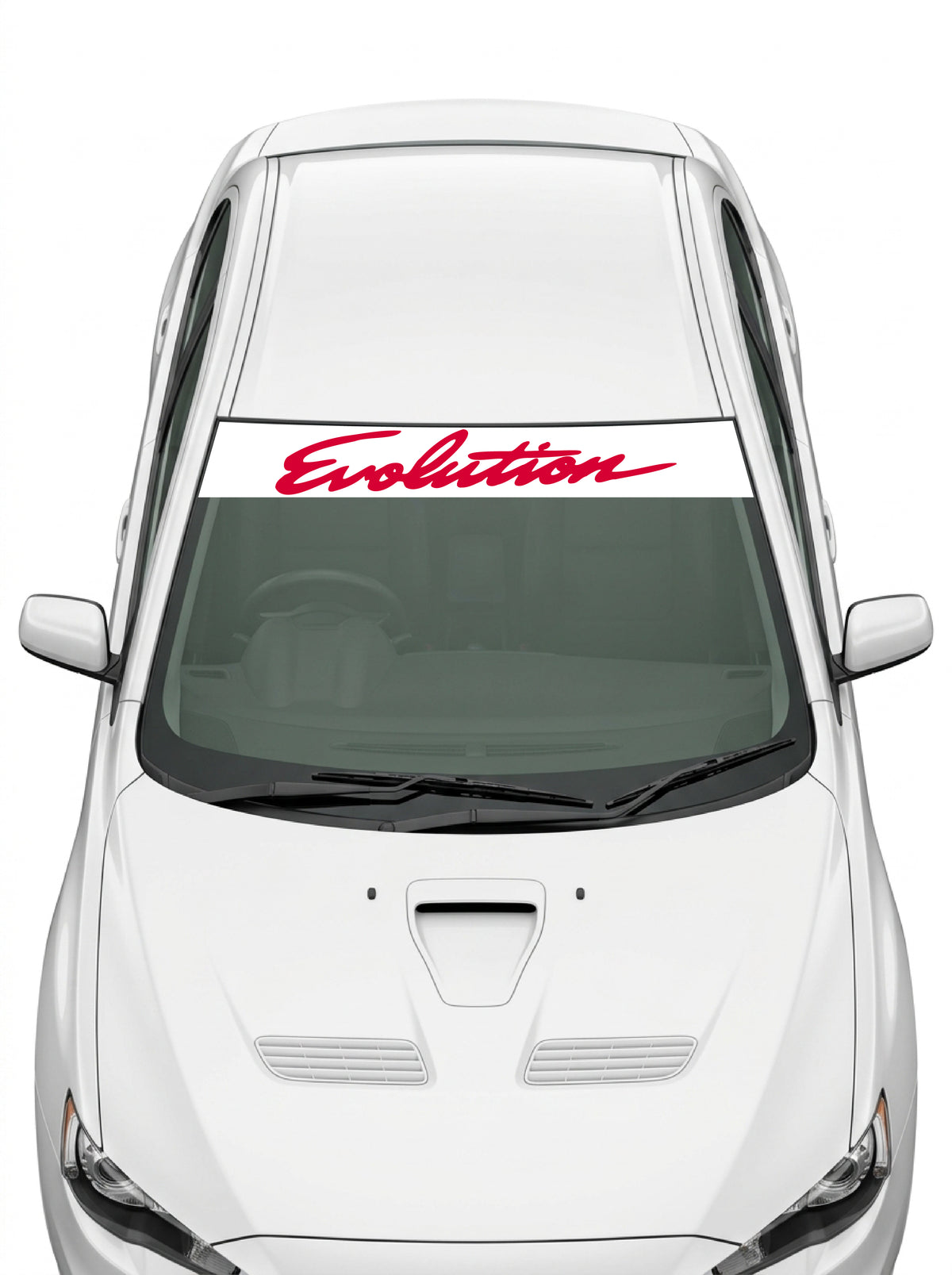 Coche con el parasol de vinilo Mitsubishi Lancer blanco con el lettering Evolution manuscrito en rojo instalado en el parabrisas