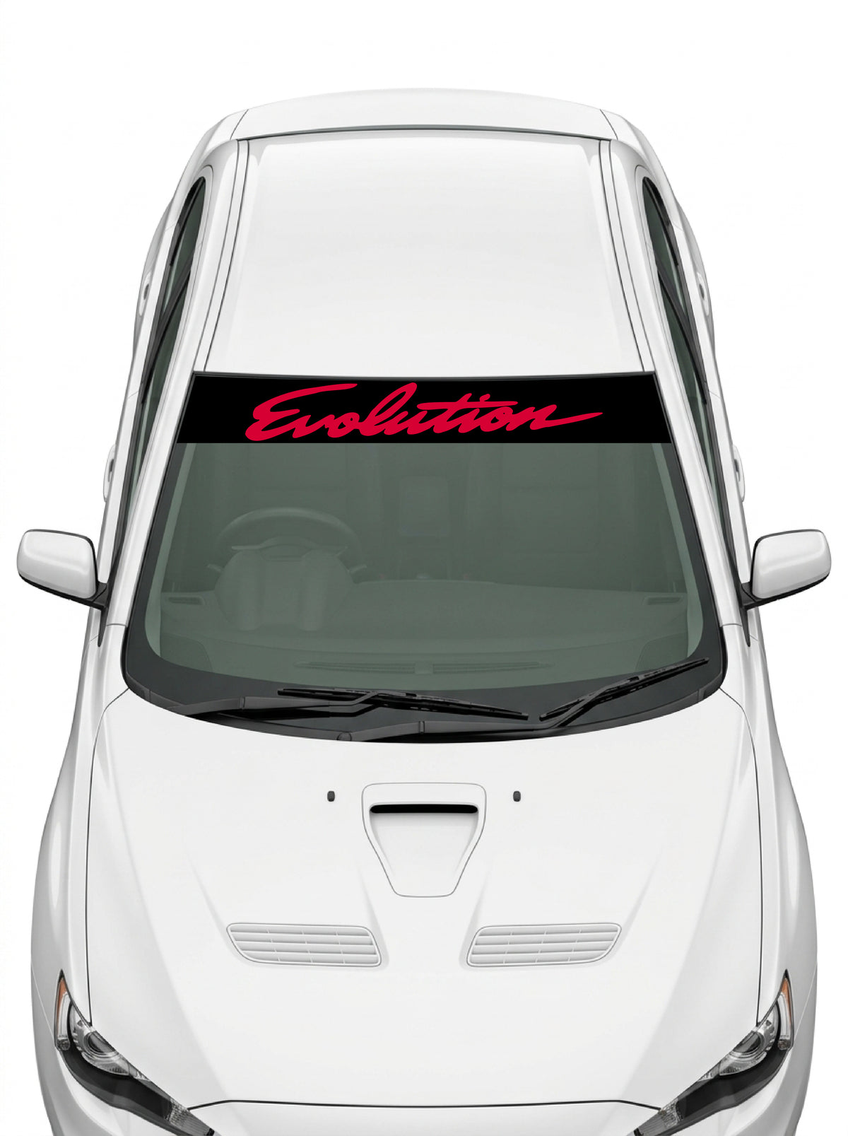 Coche con el parasol de vinilo Mitsubishi Lancer negro con el lettering Evolution manuscrito en rojo instalado en el parabrisas