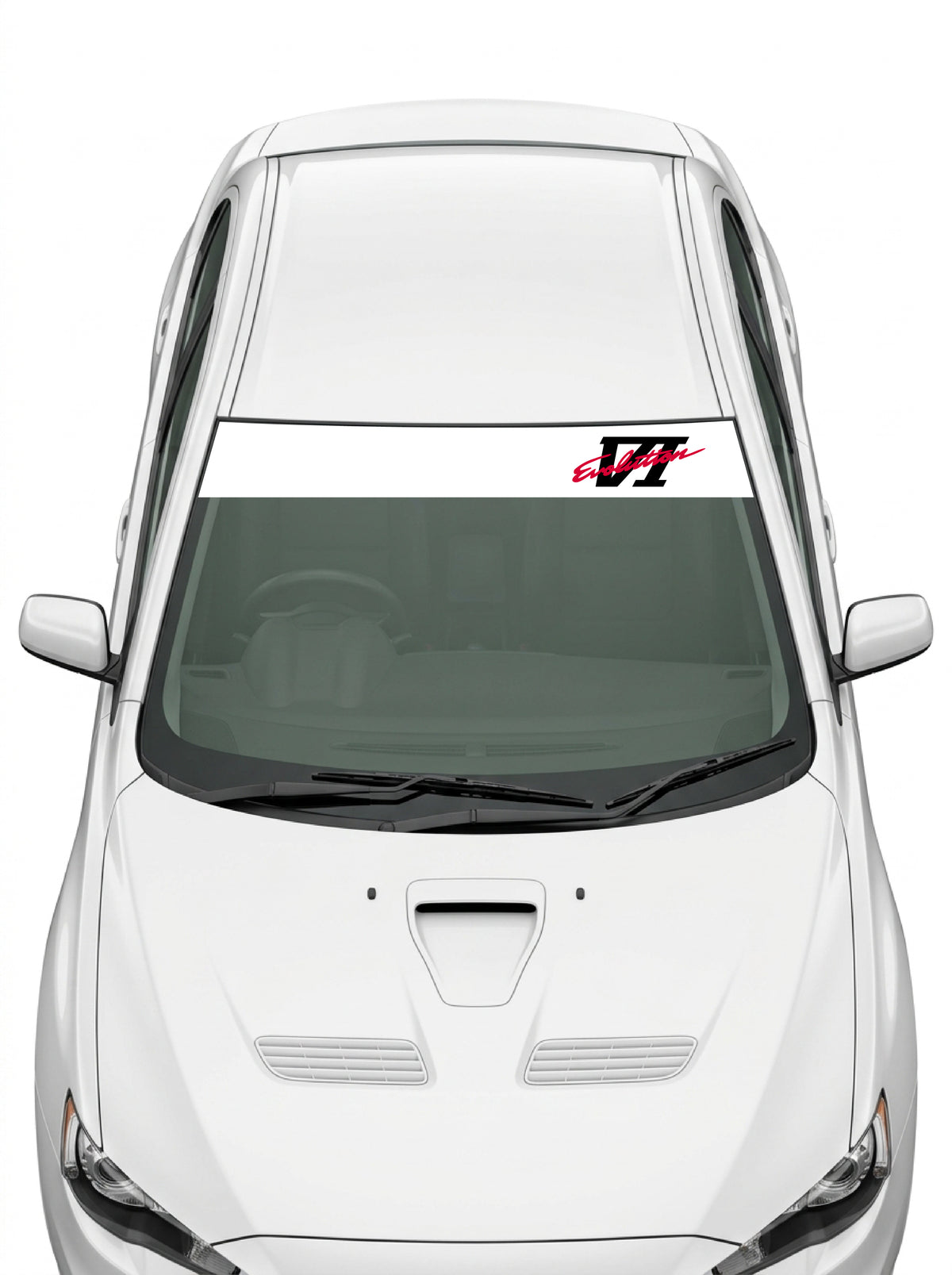 Coche con el parasol de vinilo Mitsubishi Lancer blanco con el lettering EVO VI en rojo y negro instalado en el parabrisas