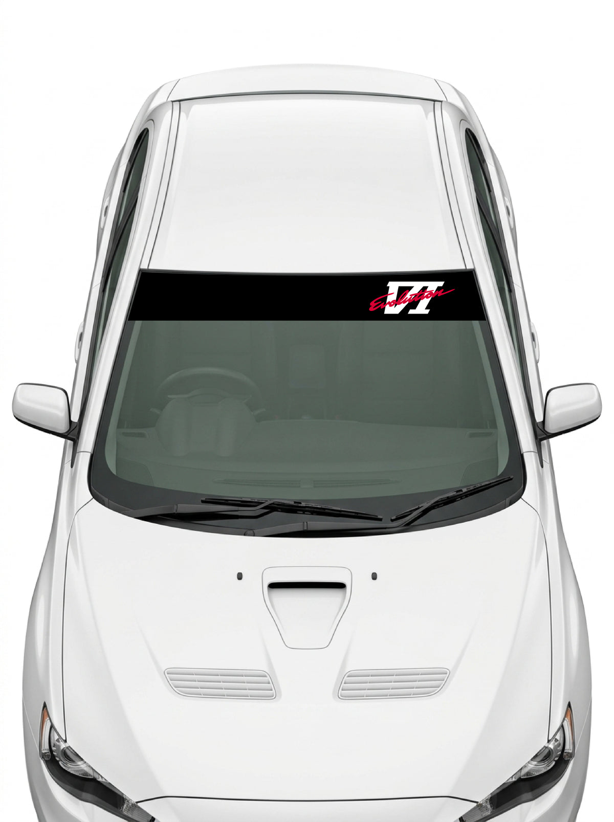 Coche con el parasol de vinilo Mitsubishi Lancer negro con el lettering EVO VI en rojo y blanco instalado en el parabrisas