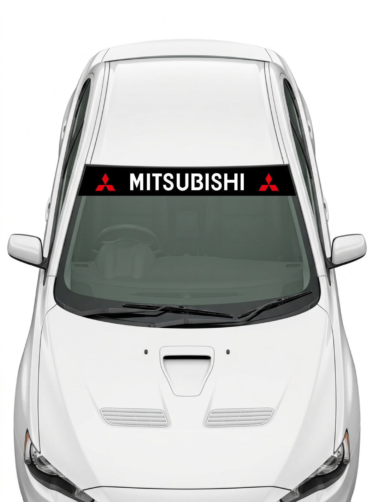 Coche con el parasol de vinilo Mitsubishi negro con el lettering MITSUBISHI en blanco y un emblema de tres diamantes a cada lado instalado en el parabrisas