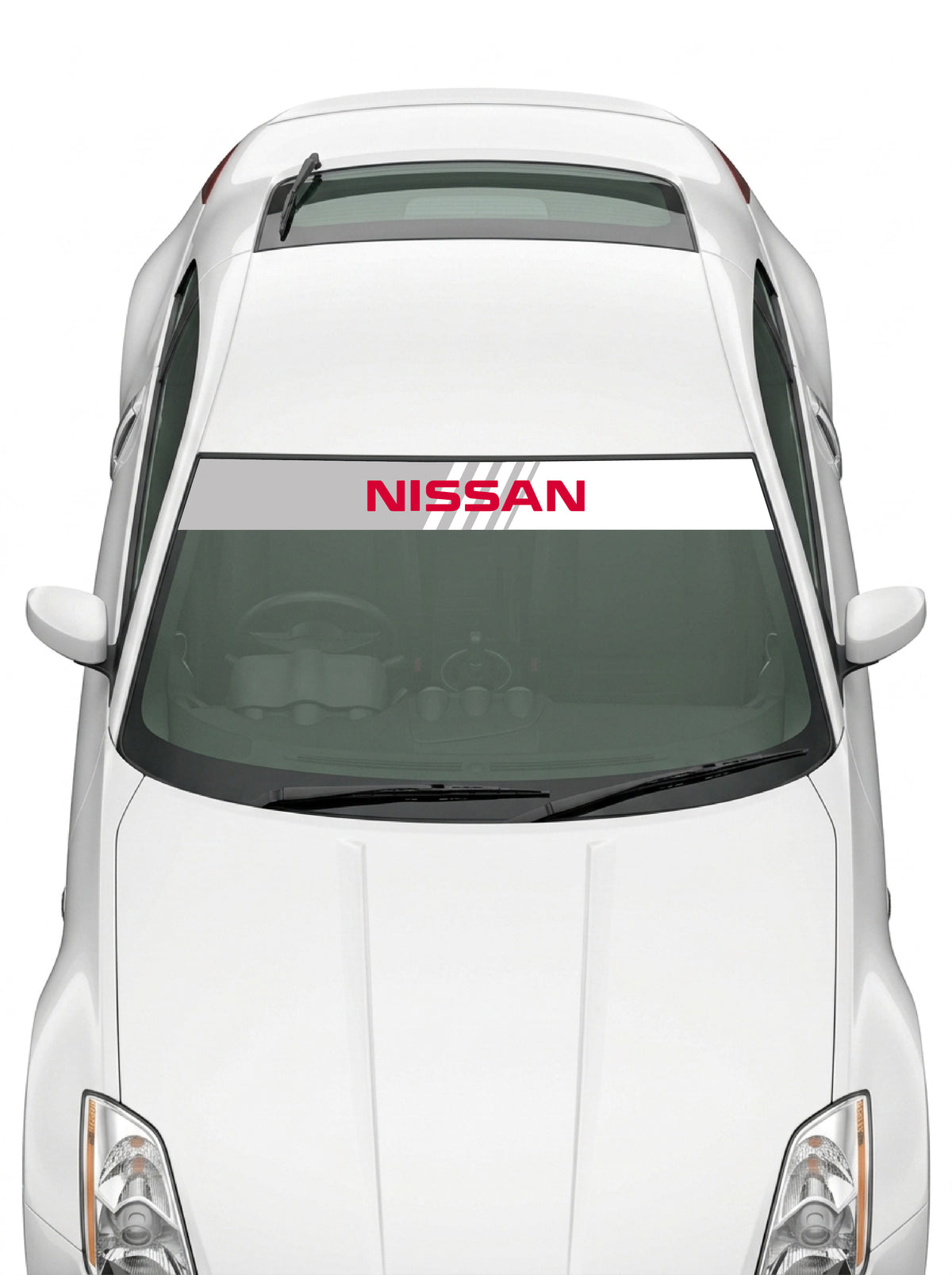 Coche con el parasol de vinilo Nissan blanco con el lettering NISSAN en rojo y lineas de velocidad instalado en el parabrisas
