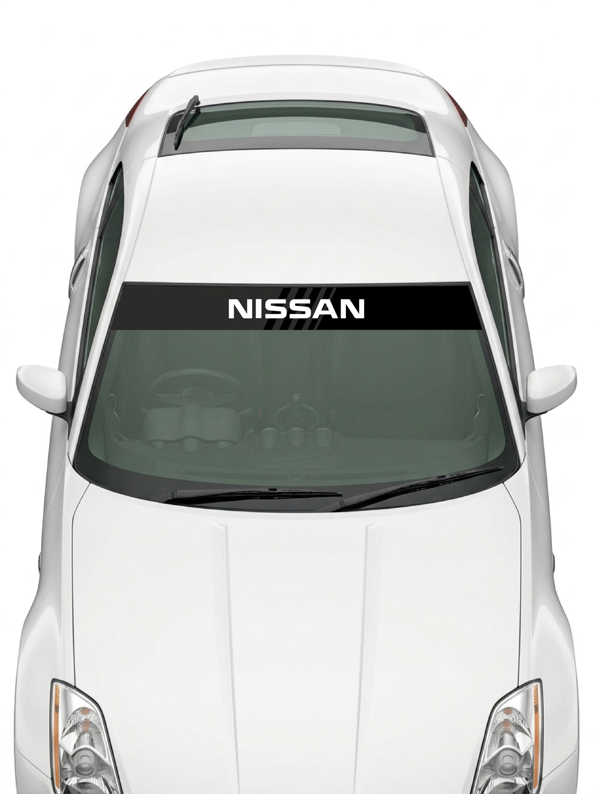Coche con el parasol de vinilo Nissan negro con el lettering NISSAN en blanco y lineas de velocidad instalado en el parabrisas