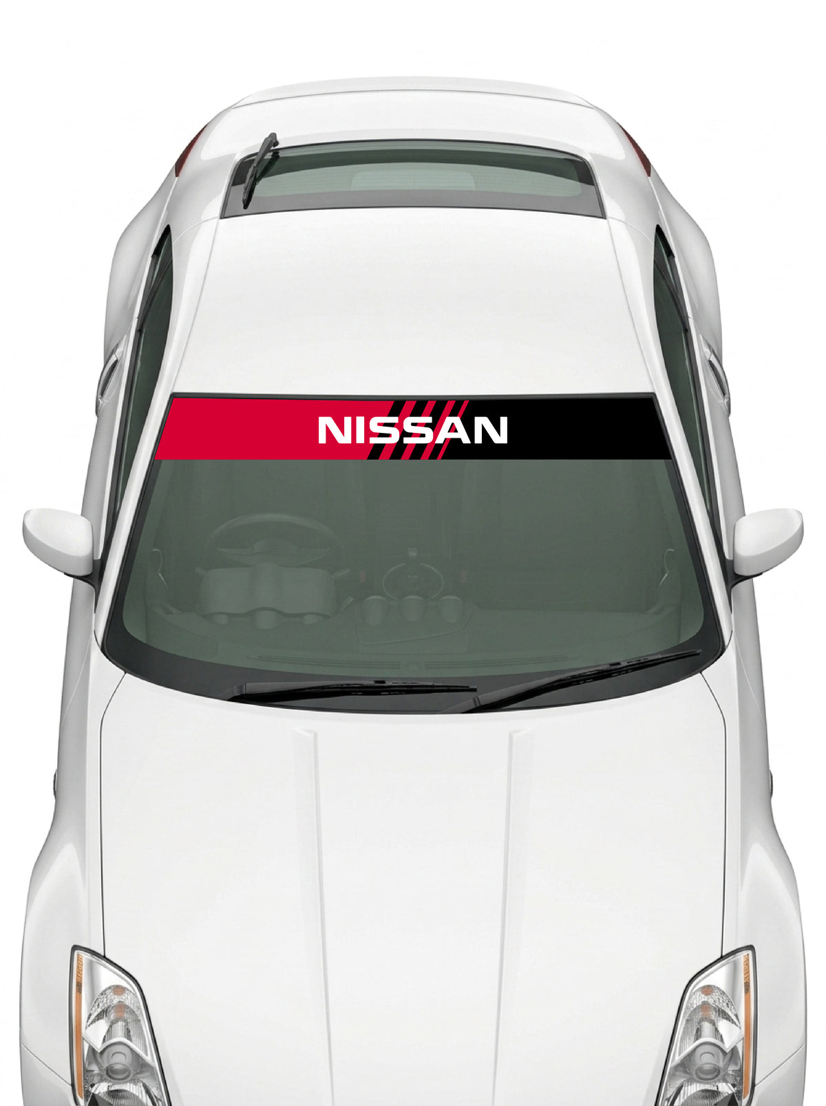 Coche con el parasol de vinilo Nissan rojo con el lettering NISSAN en blanco y lineas de velocidad instalado en el parabrisas