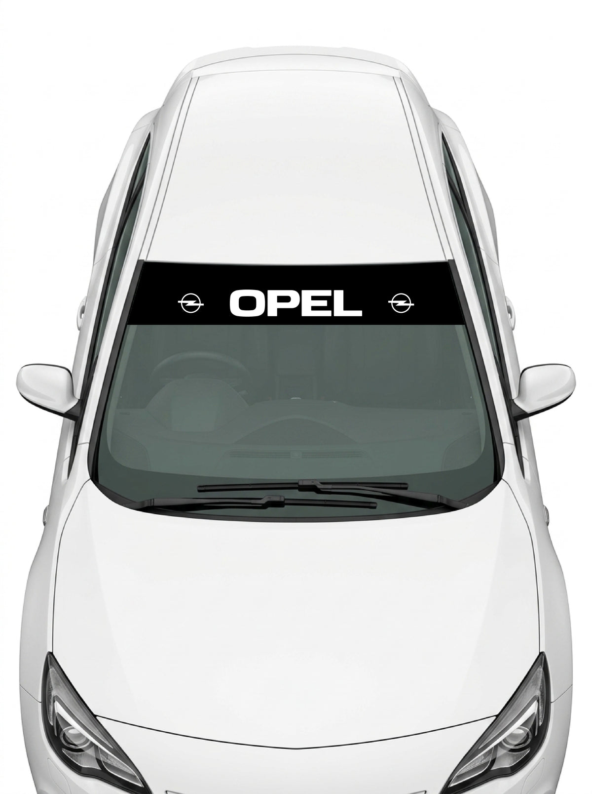 Coche con el parasol de vinilo Opel negro con el lettering OPEL en blanco y el emblema Blitz a cada lado instalado en el parabrisas