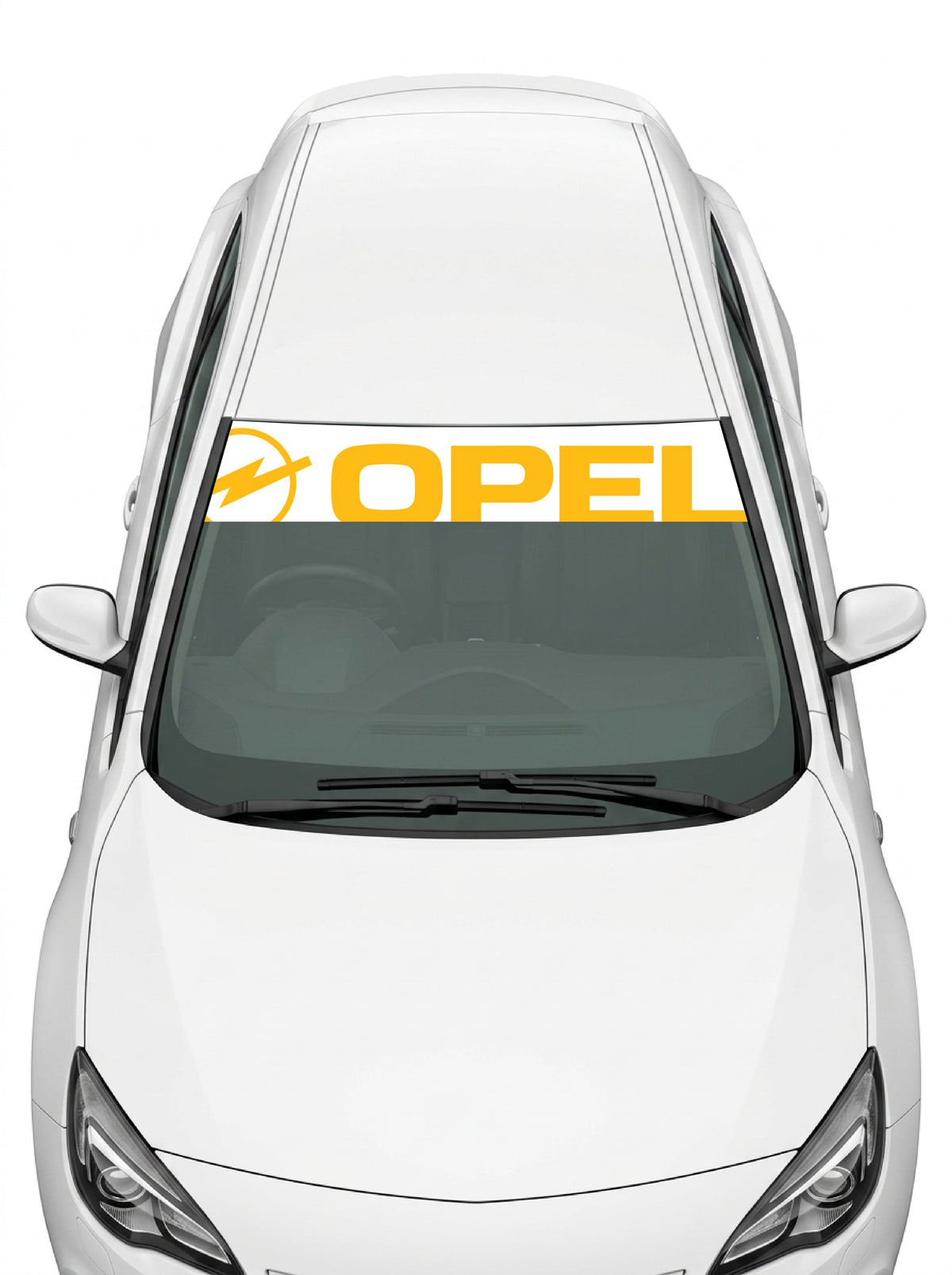 Coche con el parasol de vinilo Opel blanco con el rayo y el lettering OPEL inclinados en amarillo instalado en el parabrisas