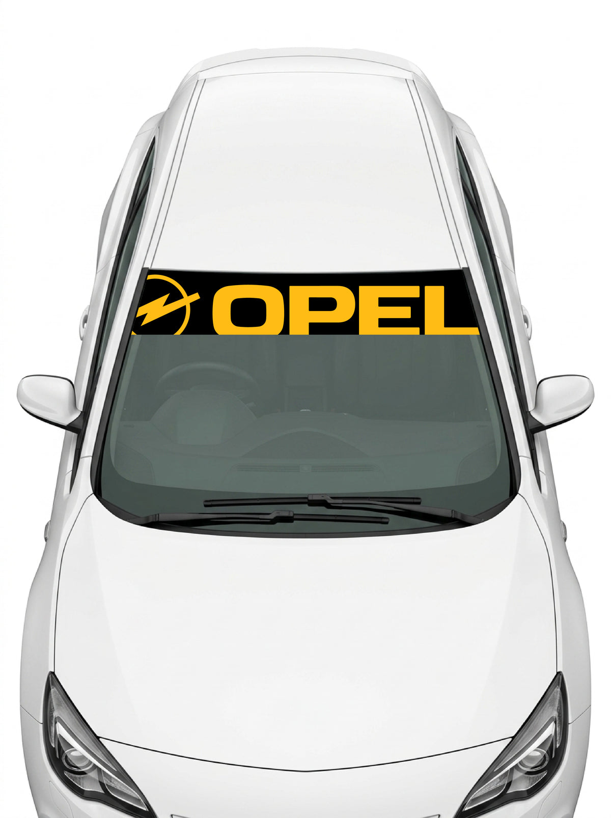 Coche con el parasol de vinilo Opel negro con el rayo y el lettering OPEL inclinados en amarillo instalado en el parabrisas