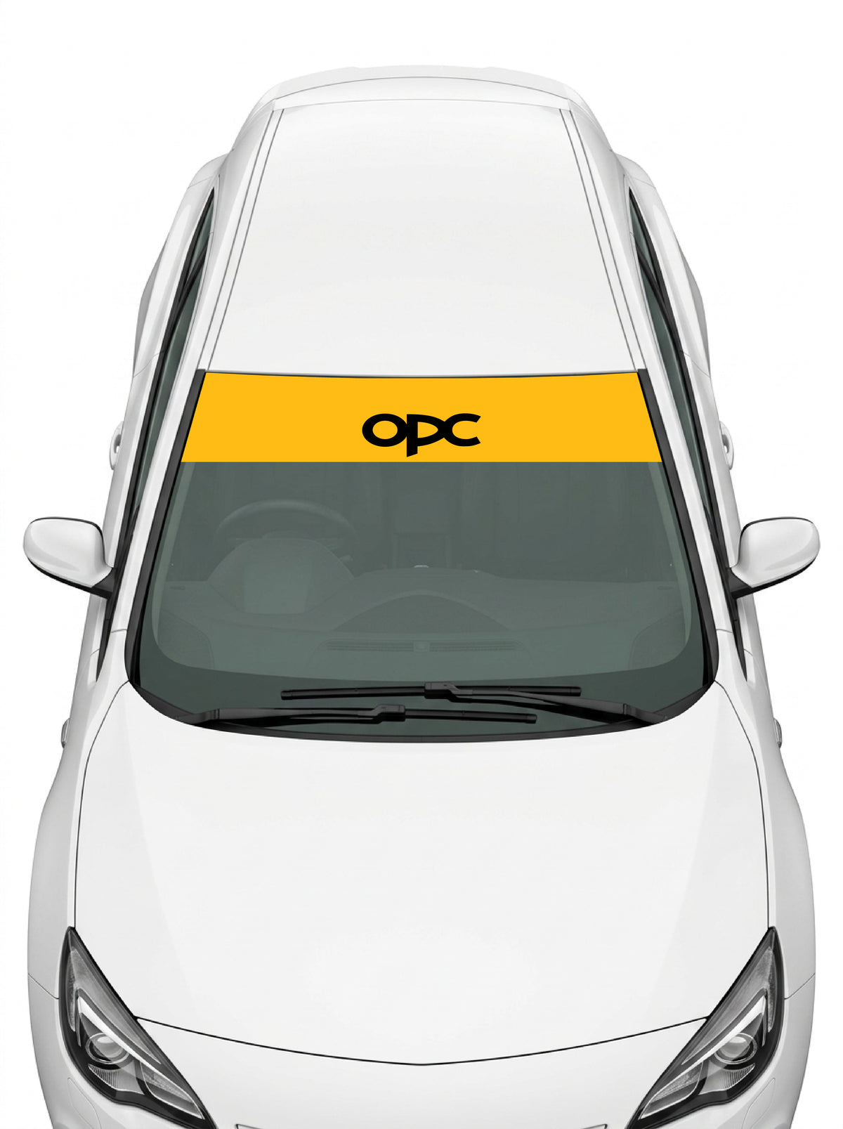 Coche con el parasol de vinilo Opel OPC amarillo con el lettering OPC en negro instalado en el parabrisas