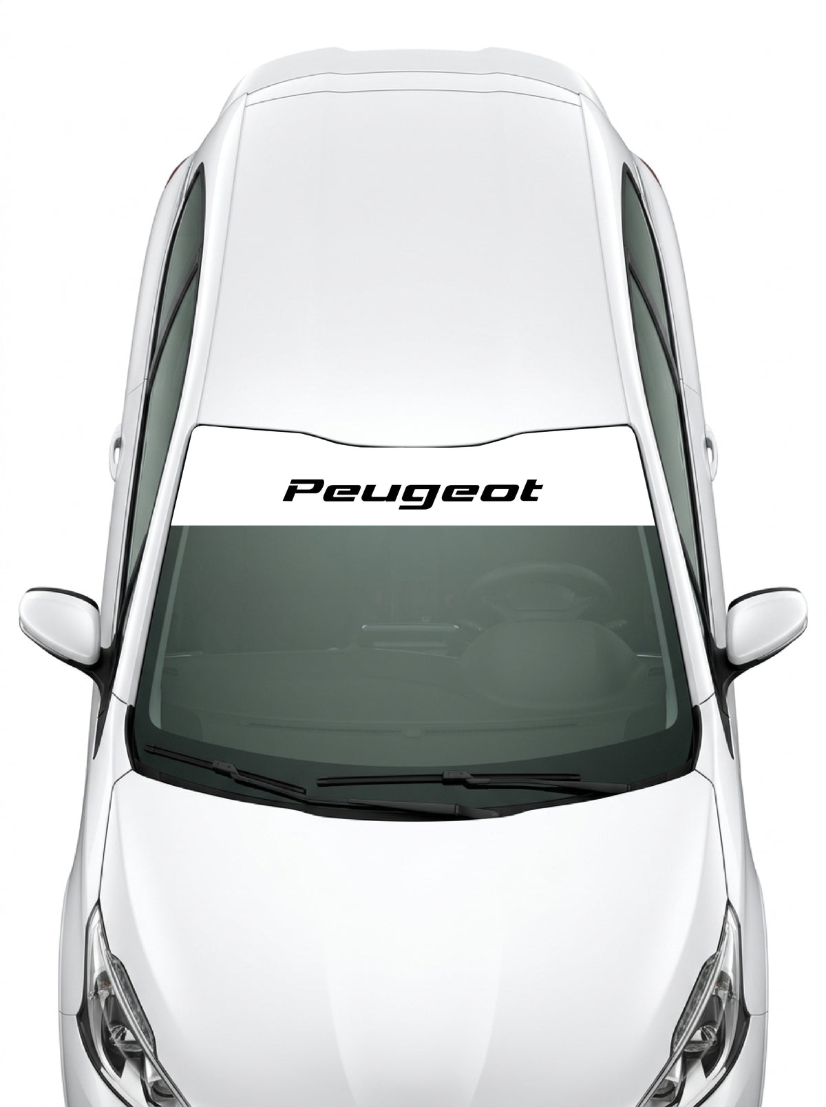 Coche con el parasol de vinilo Peugeot blanco con el lettering Peugeot en cursiva en negro instalado en el parabrisas