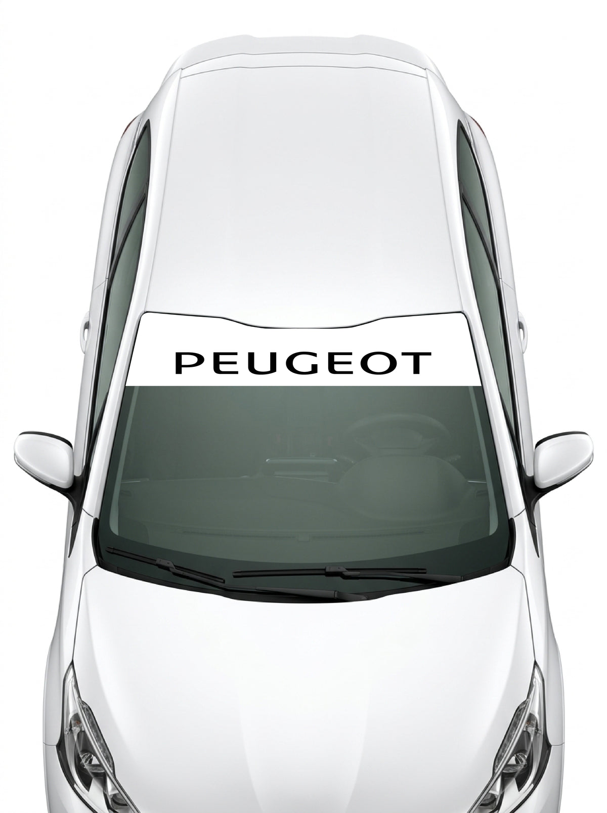 Coche con el parasol de vinilo Peugeot blanco con el lettering PEUGEOT en mayusculas en negro instalado en el parabrisas