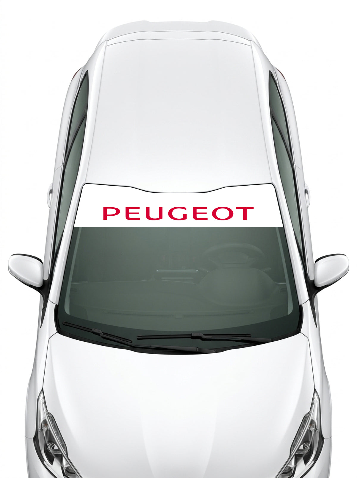 Coche con el parasol de vinilo Peugeot blanco con el lettering PEUGEOT en mayusculas en rojo instalado en el parabrisas