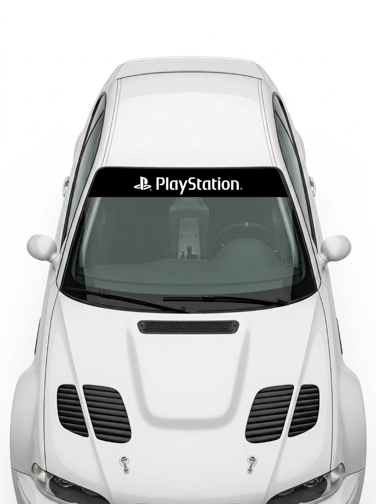 Coche con el parasol de vinilo PlayStation negro con el logotipo PlayStation en blanco instalado en el parabrisas
