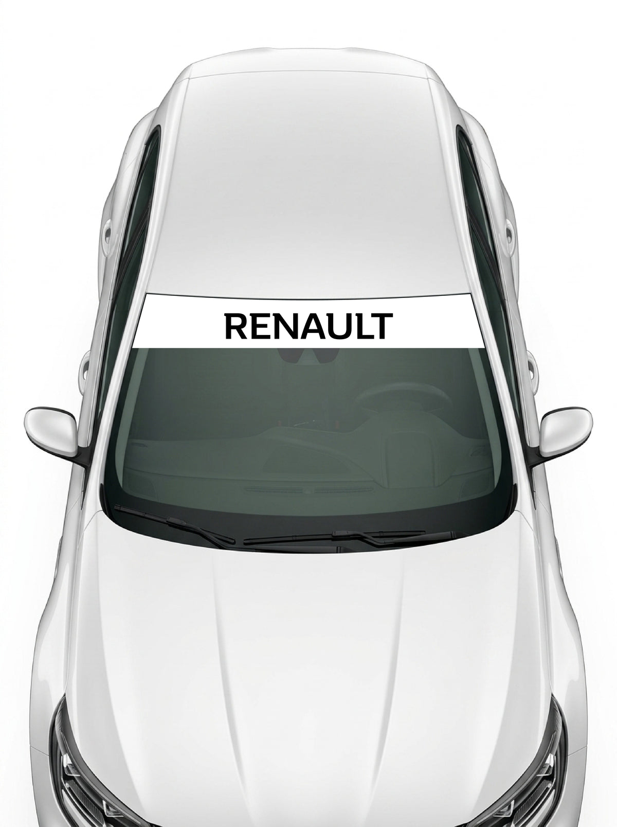 Coche con el parasol de vinilo Renault blanco con el lettering RENAULT en negro instalado en el parabrisas