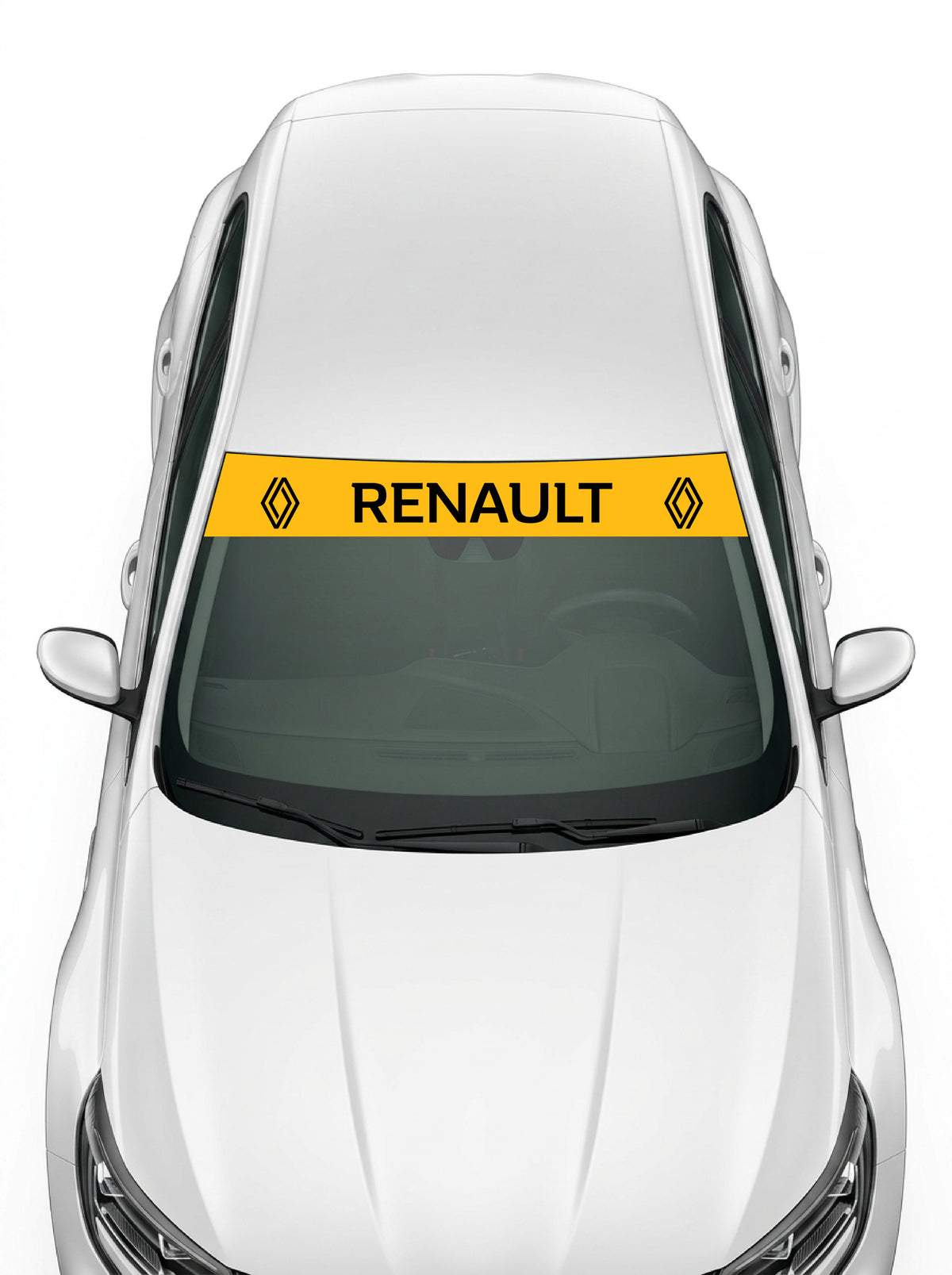 Coche con el parasol de vinilo Renault amarillo con el rombo de 2021 a los dos lados y el lettering RENAULT en negro instalado en el parabrisas