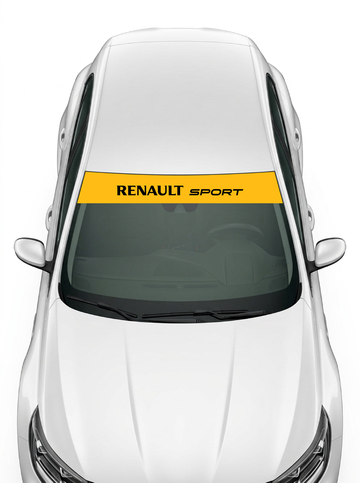 Coche con el parasol de vinilo Renault Sport amarillo con el lettering RENAULT SPORT en negro instalado en el parabrisas