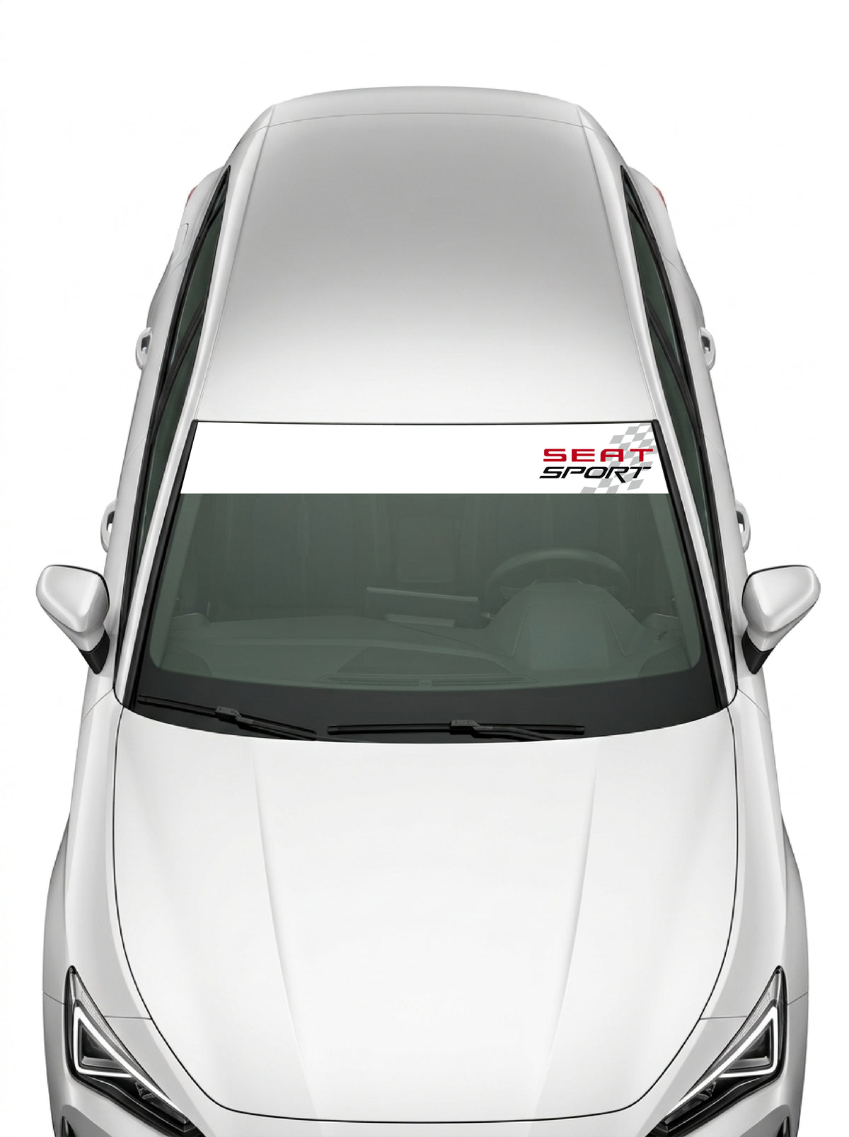Coche con el parasol de vinilo Seat Sport blanco con el lettering SEAT SPORT y la bandera a cuadros instalado en el parabrisas