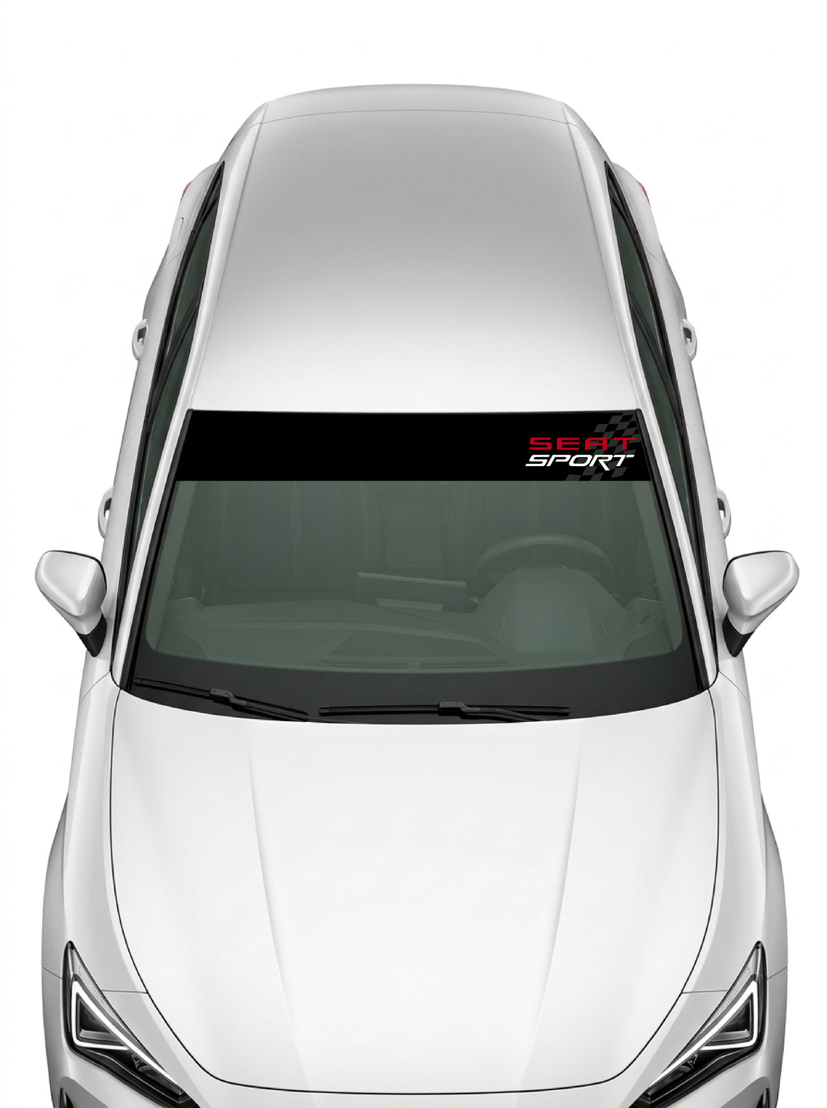 Coche con el parasol de vinilo Seat Sport negro con el lettering SEAT SPORT y la bandera a cuadros instalado en el parabrisas