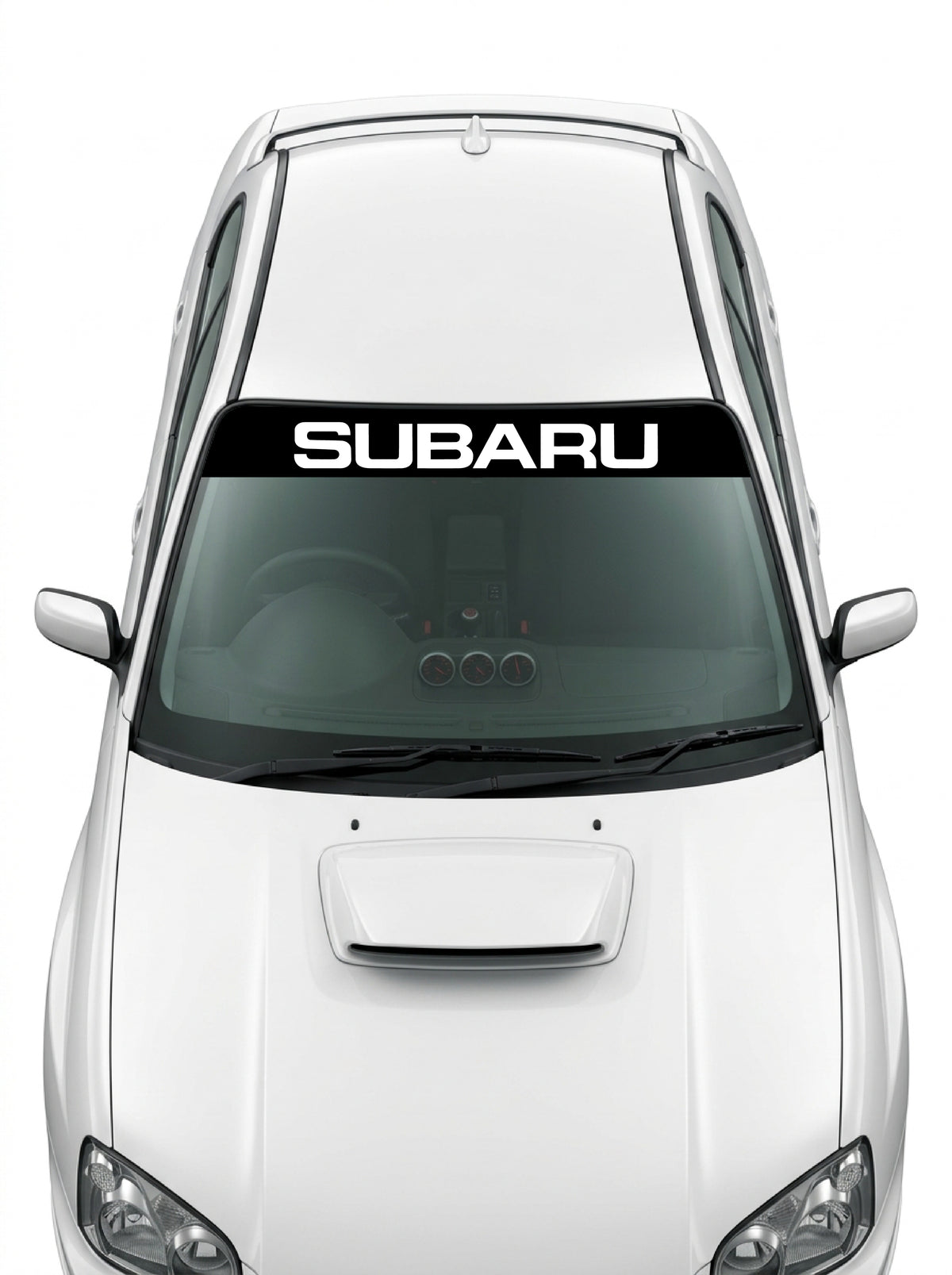 Coche con el parasol de vinilo Subaru negro con el lettering SUBARU en blanco instalado en el parabrisas