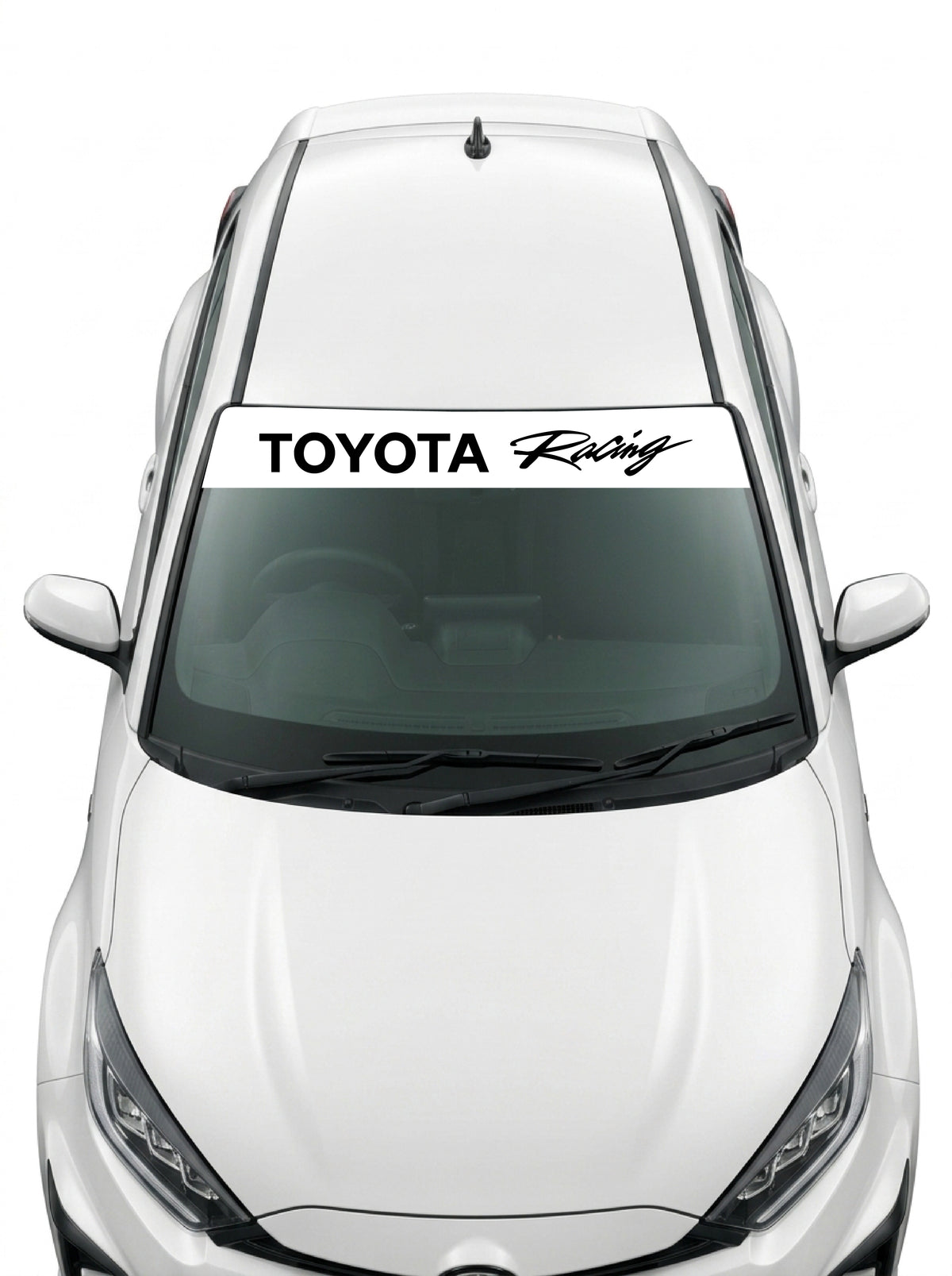 Coche con el parasol de vinilo Toyota blanco con el lettering TOYOTA Racing en negro y la palabra Racing manuscrita instalado en el parabrisas