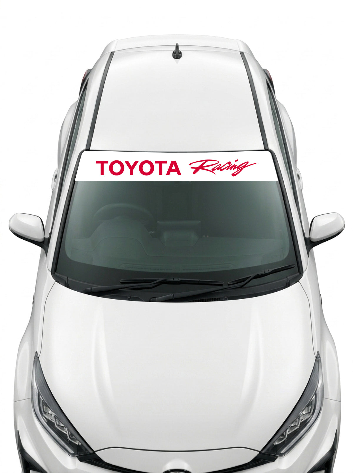 Coche con el parasol de vinilo Toyota blanco con el lettering TOYOTA Racing en rojo y la palabra Racing manuscrita instalado en el parabrisas