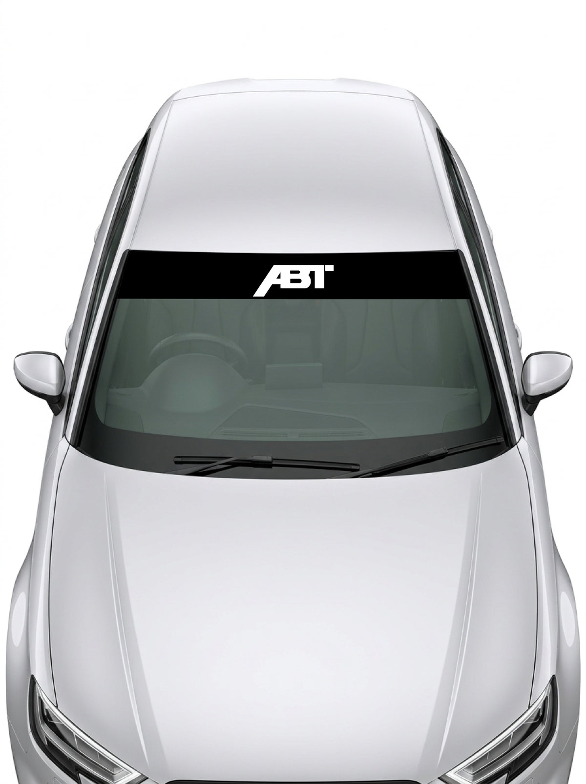 Parasol de vinilo Audi ABT de 150x25 cm en negro con el lettering ABT Sportsline en blanco, instalado en el parabrisas de un coche