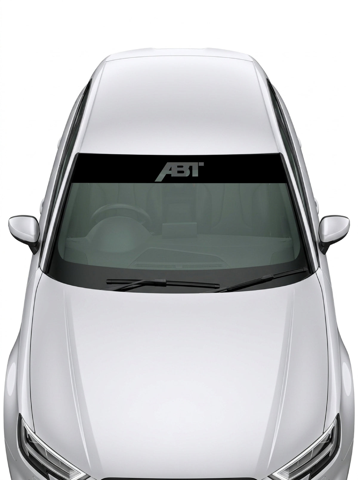 Parasol de vinilo Audi ABT de 150x25 cm en transparente con el lettering ABT Sportsline recortado, instalado en el parabrisas de un coche