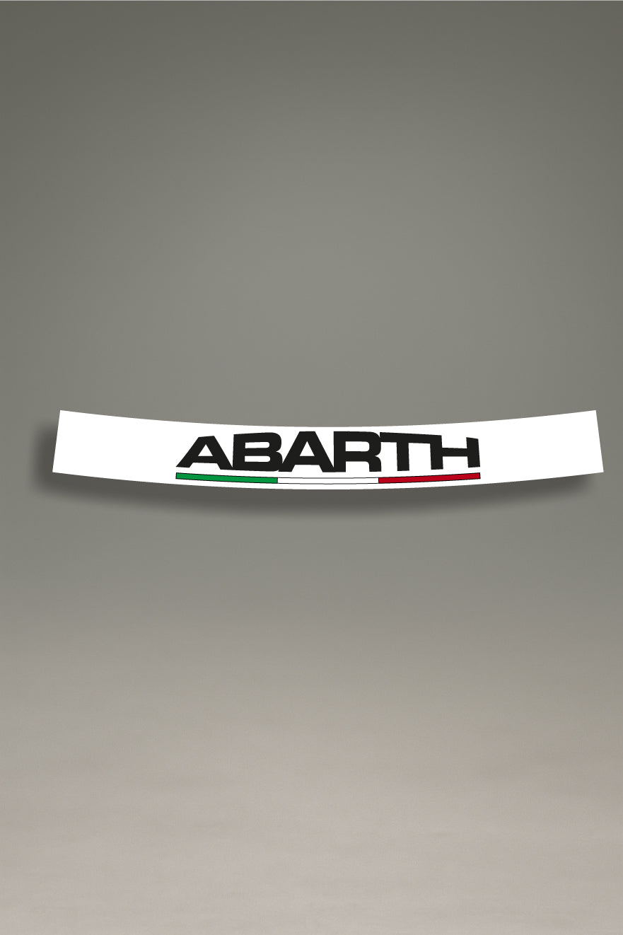 Parasol de vinilo blanco con el logo 'Abarth' en negro y la bandera de Italia. Un accesorio de MOA-Grafics para dar un toque de elegancia italiana a tu coche mientras proteges el interior de los rayos UV.