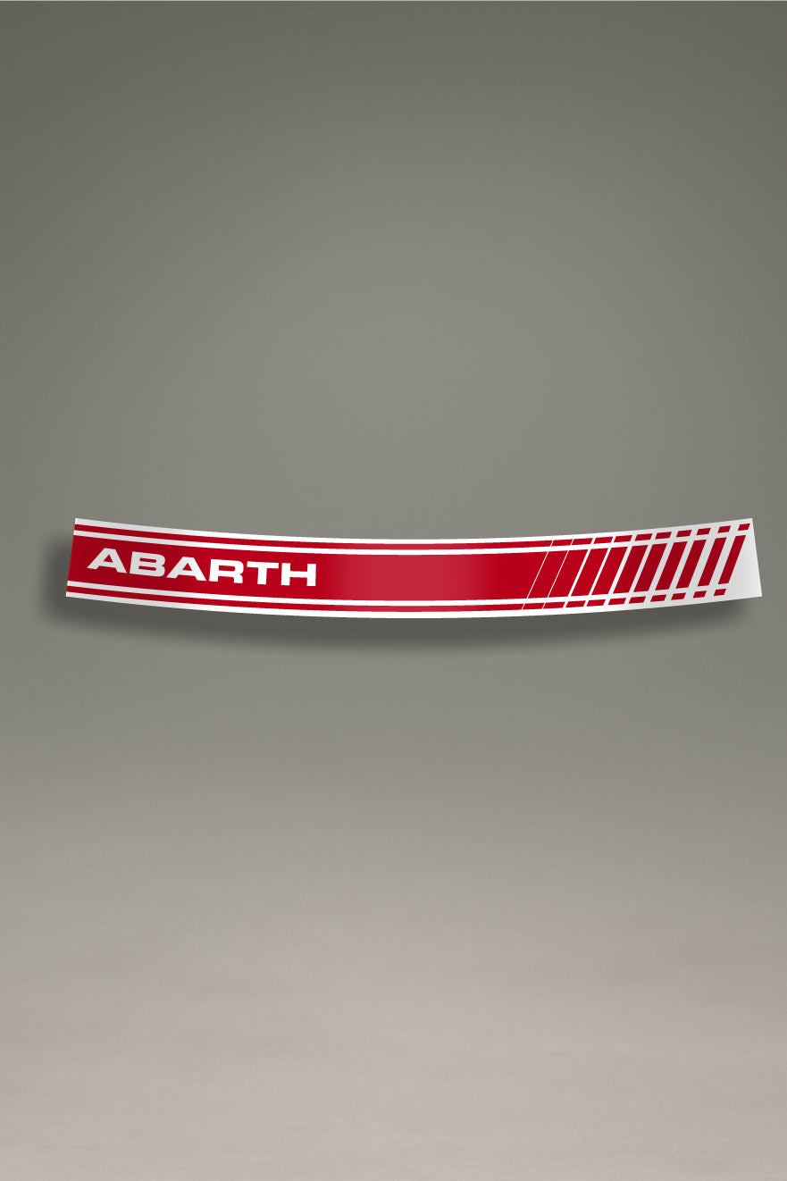 Parasol de vinilo rojo con el logo 'Abarth' y franjas laterales en blanco. Accesorio de personalización de MOA-Grafics para dar un toque de competición a tu coche y protegerlo de los rayos UV.