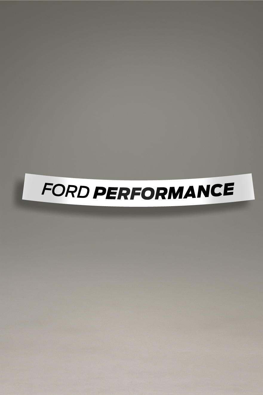 Parasol de vinilo blanco con el logotipo de Ford Performance en negro. Accesorio de personalización de MOA-Grafics para proteger y dar un toque de estilo a tu vehículo.