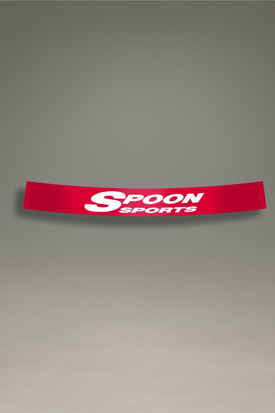 Parasol de vinilo rojo con el logotipo de Spoon Sports en blanco. Accesorio de MOA-Grafics para dar un toque de competición a tu coche Honda y protegerlo de los rayos UV.