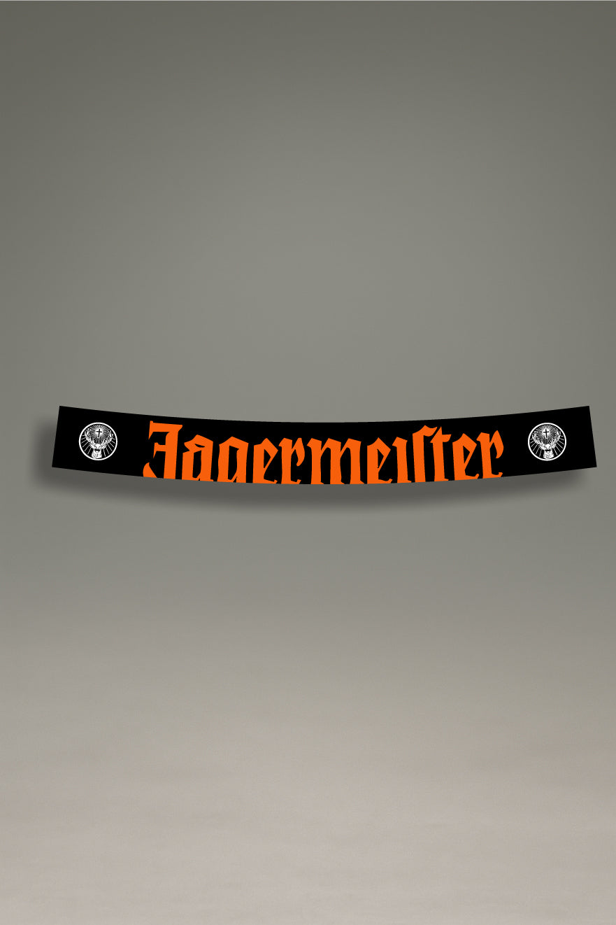 Parasol de vinilo negro con el logotipo clásico de Jägermeister y el escudo en naranja. Un accesorio de MOA-Grafics para personalizar tu coche con un estilo de competición.
