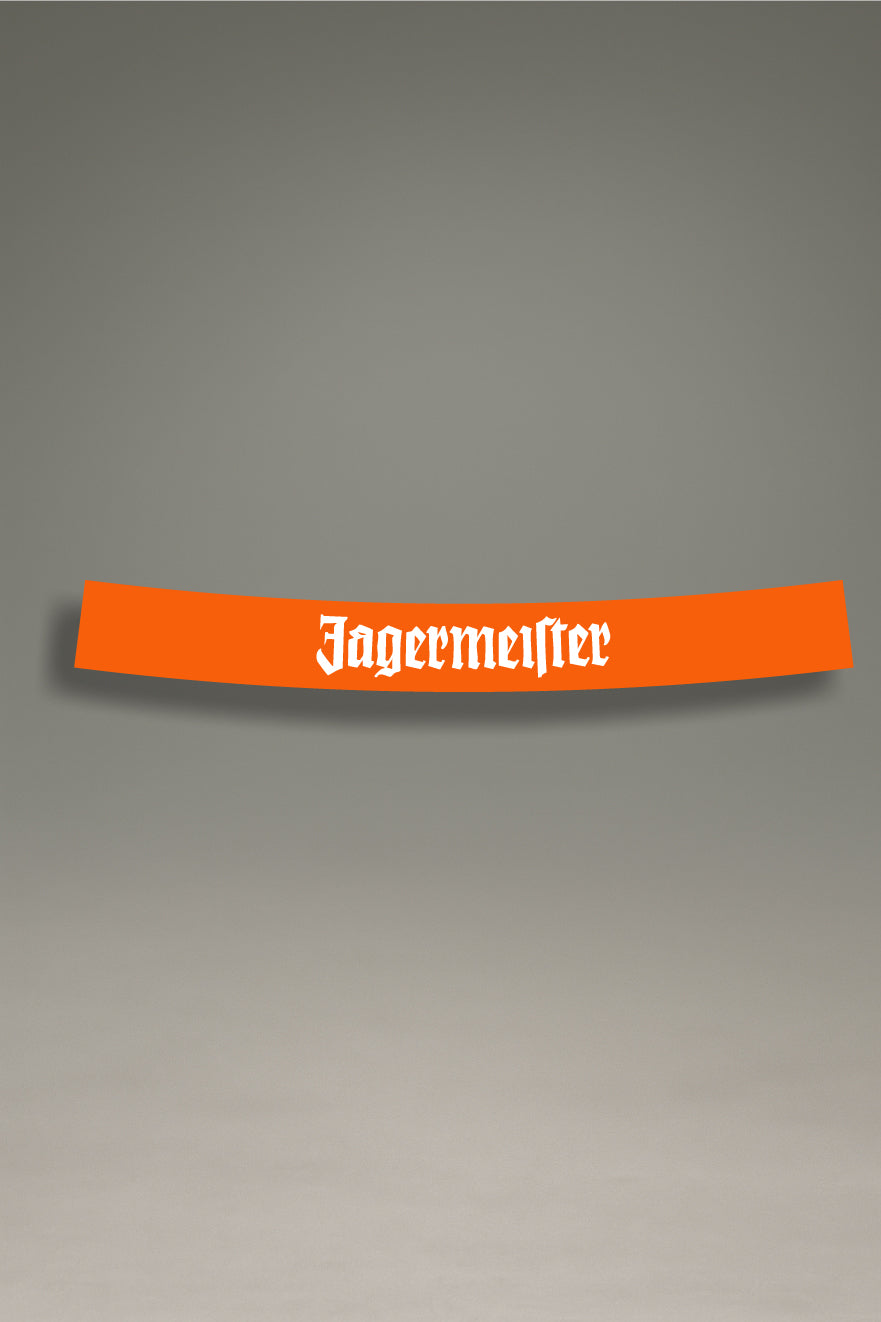 Parasol de vinilo naranja con el logotipo clásico de Jägermeister en blanco. Un accesorio de MOA-Grafics para personalizar tu vehículo con un livery icónico.