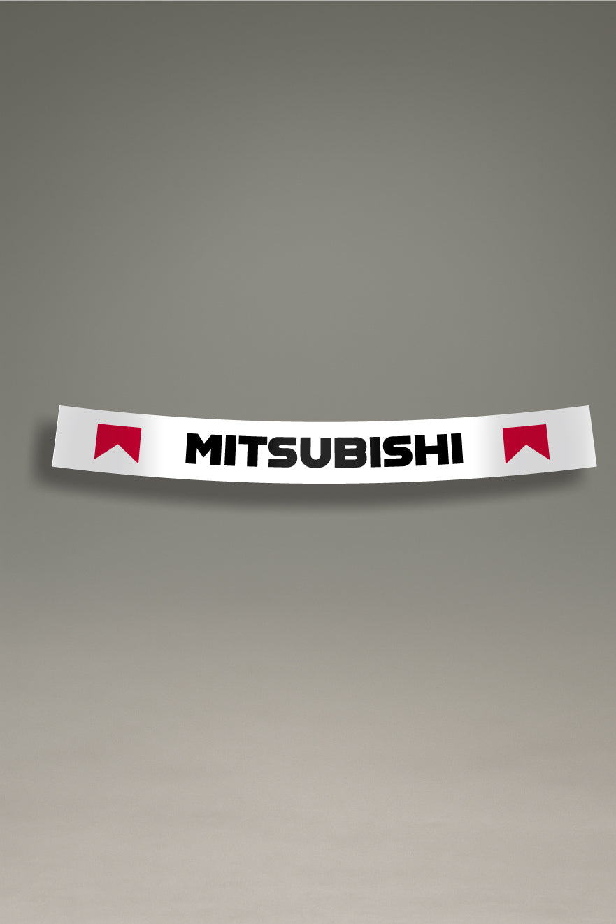 Parasol de vinilo blanco con el logotipo de Mitsubishi y el emblema de Marlboro. Un accesorio de MOA-Grafics para personalizar vehículos con un estilo de rally clásico.