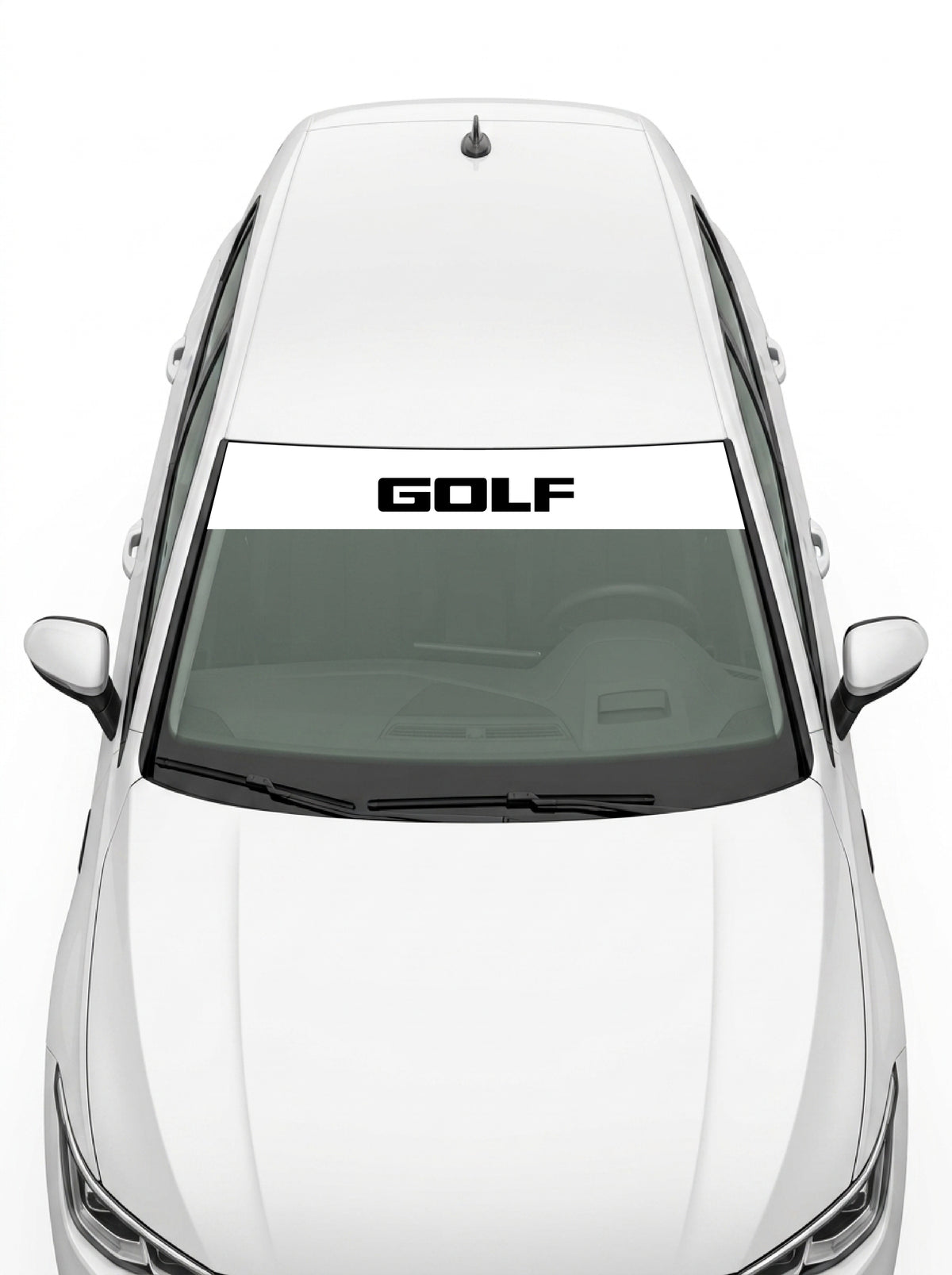 Volkswagen - Formato Golf blanco con el lettering GOLF en negro instalado en el parabrisas