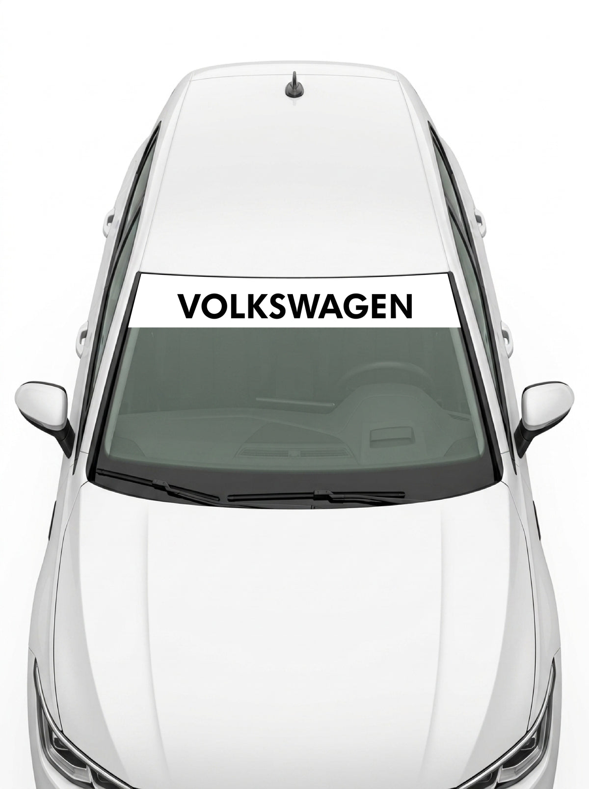 Volkswagen - Emblema y Nombre Completo blanco con el lettering VOLKSWAGEN en mayúsculas negras instalado en el parabrisas