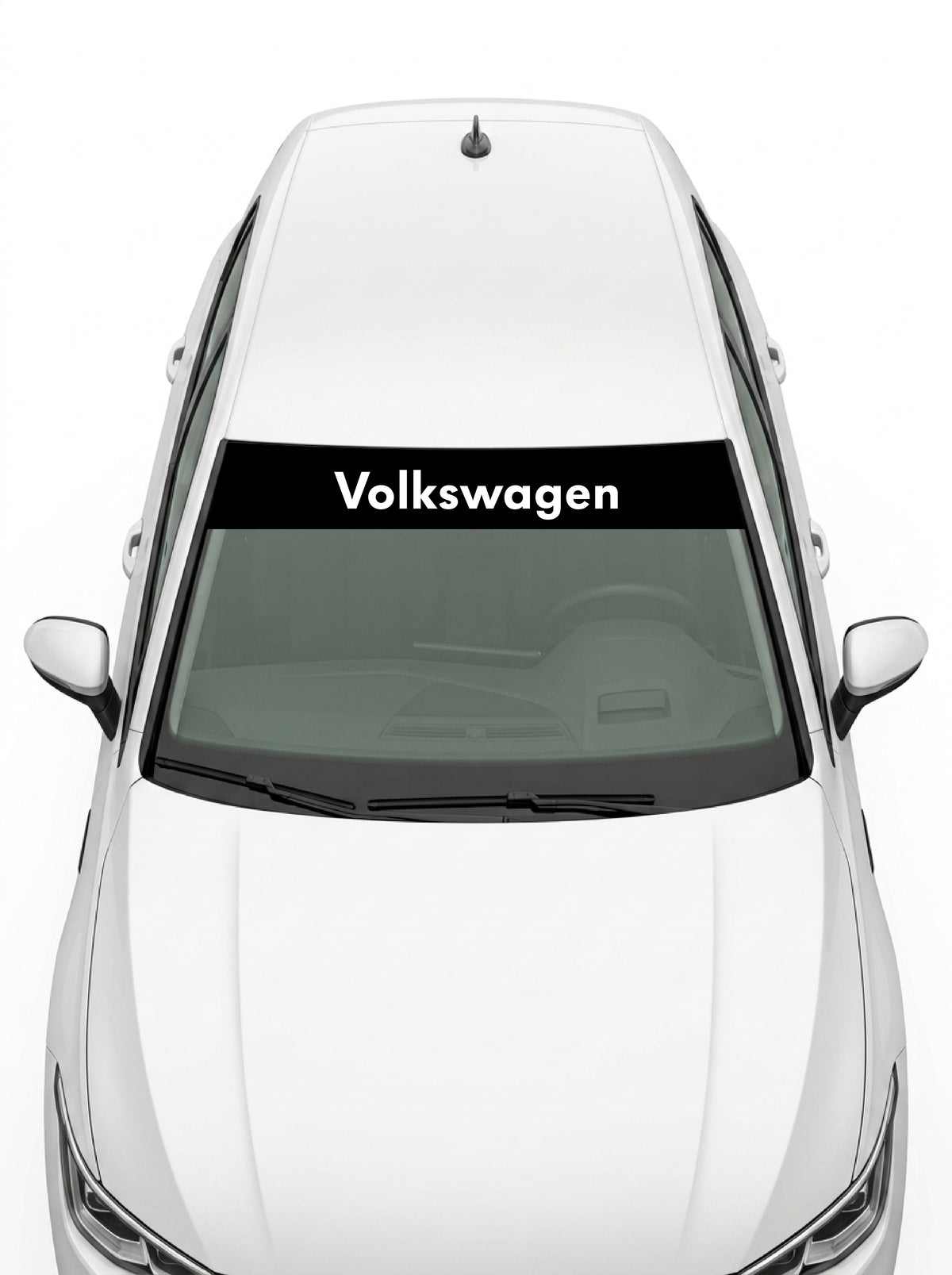 Volkswagen - Nombre entre Dos Emblemas negro con el lettering Volkswagen en blanco a todo lo ancho instalado en el parabrisas