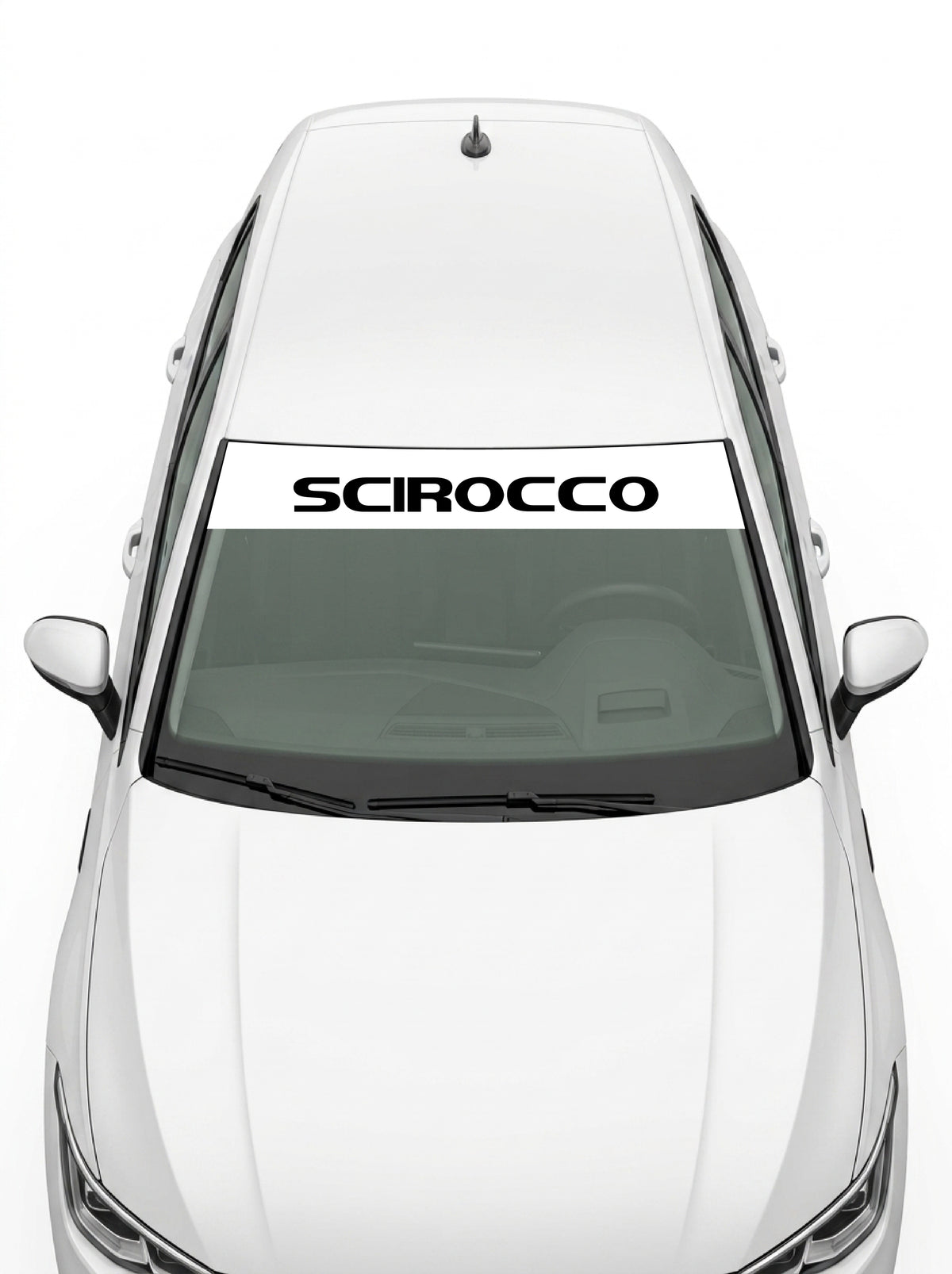 Volkswagen - Nombre Scirocco blanco con el lettering SCIROCCO en negro a todo lo ancho instalado en el parabrisas